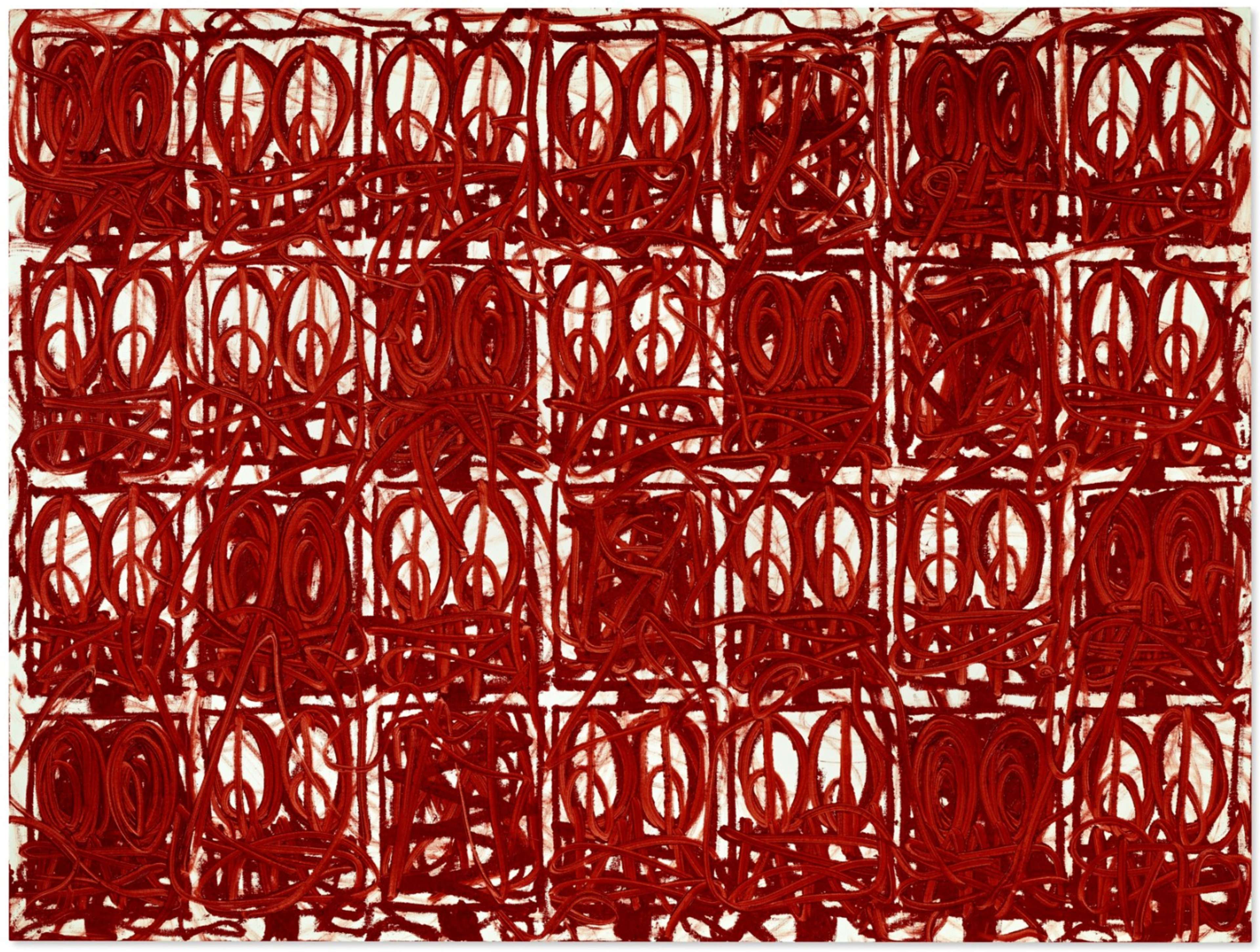 An artwork by Rashid Johnson with rows of abstract, scribbled faces in a grid-like arrangement. The faces are painted with expressive brushstrokes in red against a white canvas.