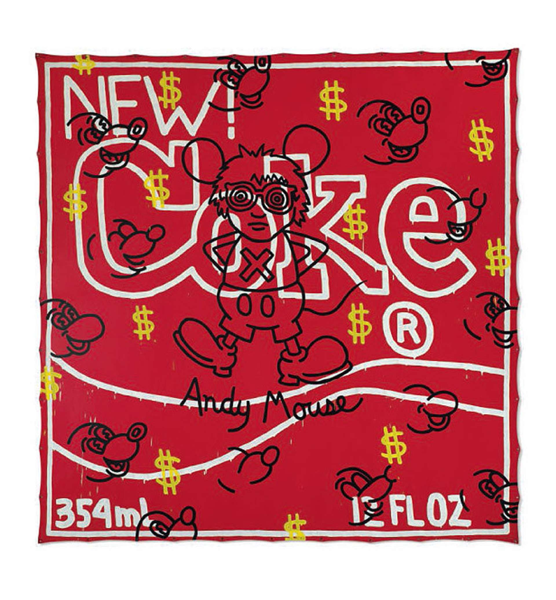 Andy Mouse drawn on a red background with 'new coke' written on it