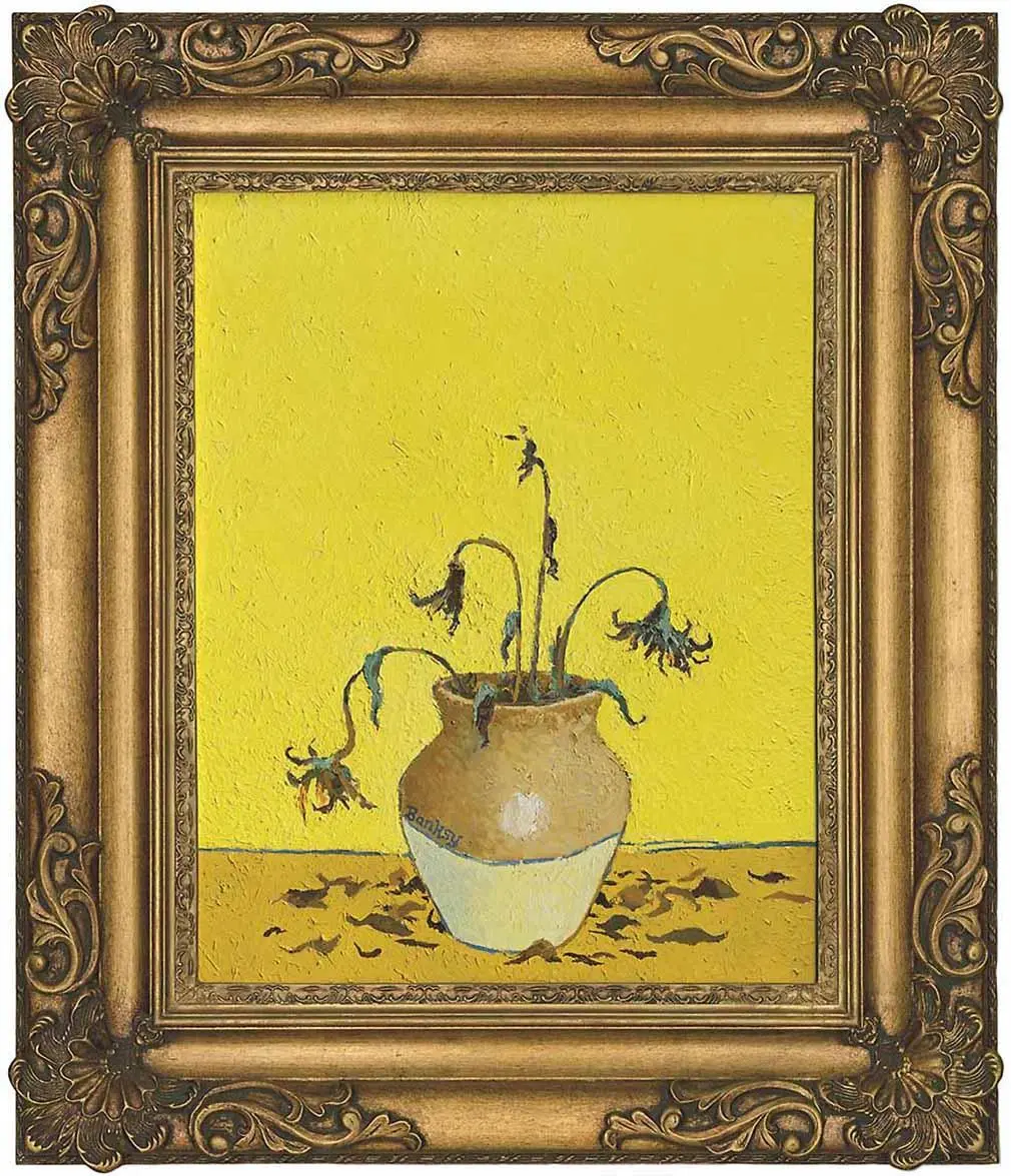 This re-telling of Vincent Van Gogh's sunflowers by Banksy transform the iconic composition into a more barren one, as the sunflowers are shown dead and decaying.