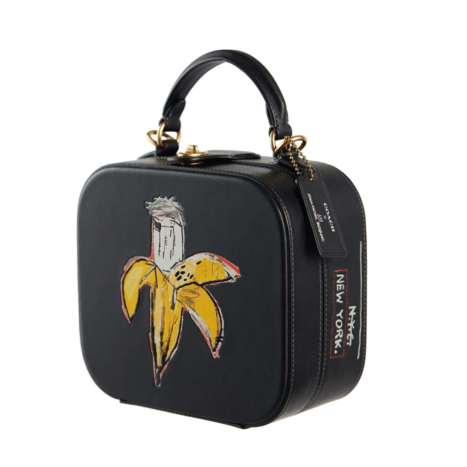 A square shaped black handbag with an imposed painting by Jean-Michel Basquiat of a banana