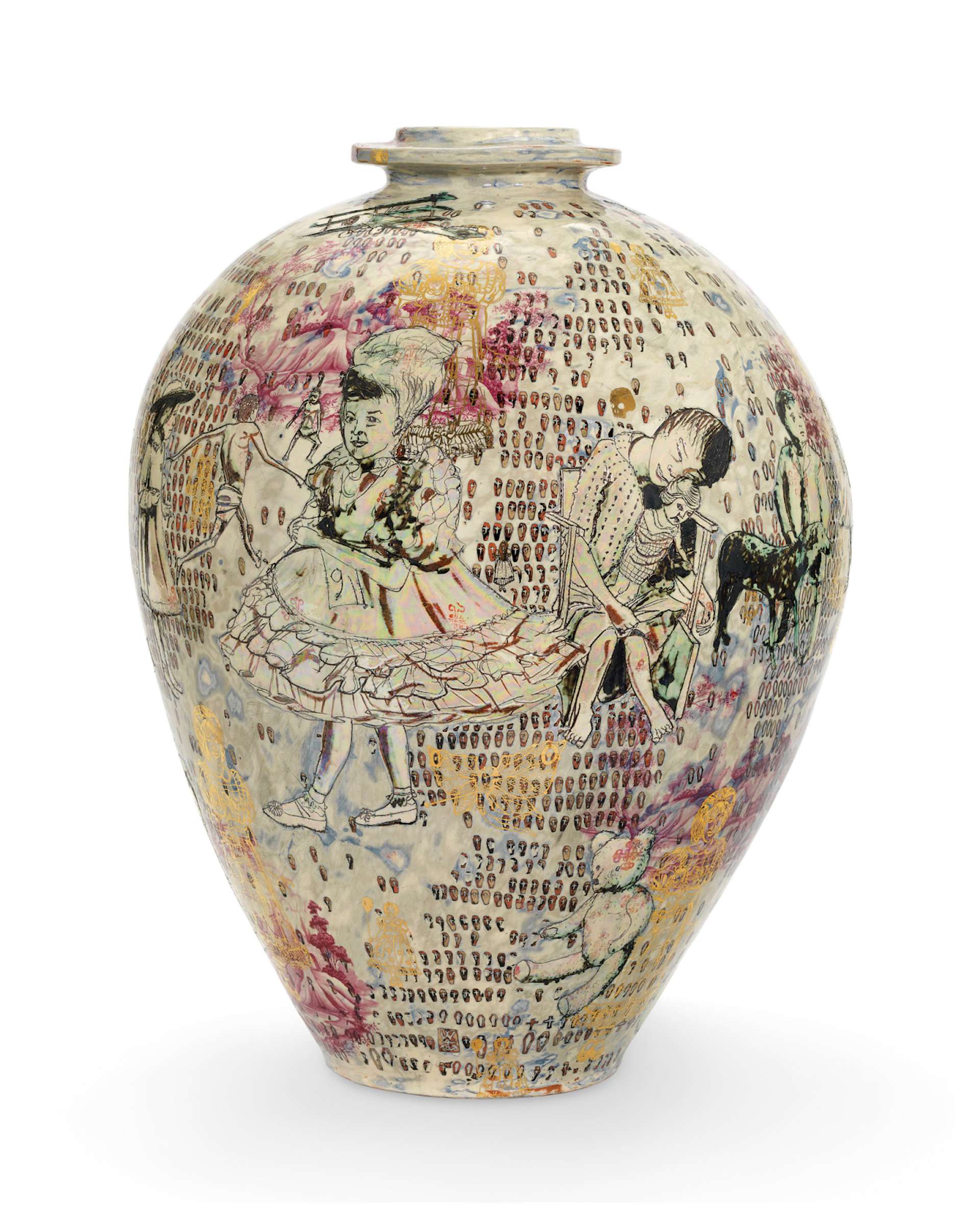 A ceramic vase by Grayson Perry with pink, yellow and blue hues. Two children are etched onto the vase: one with a dress on and the other slumped in a chair with a doll. A teddy bear is also etched in the bottom corner.