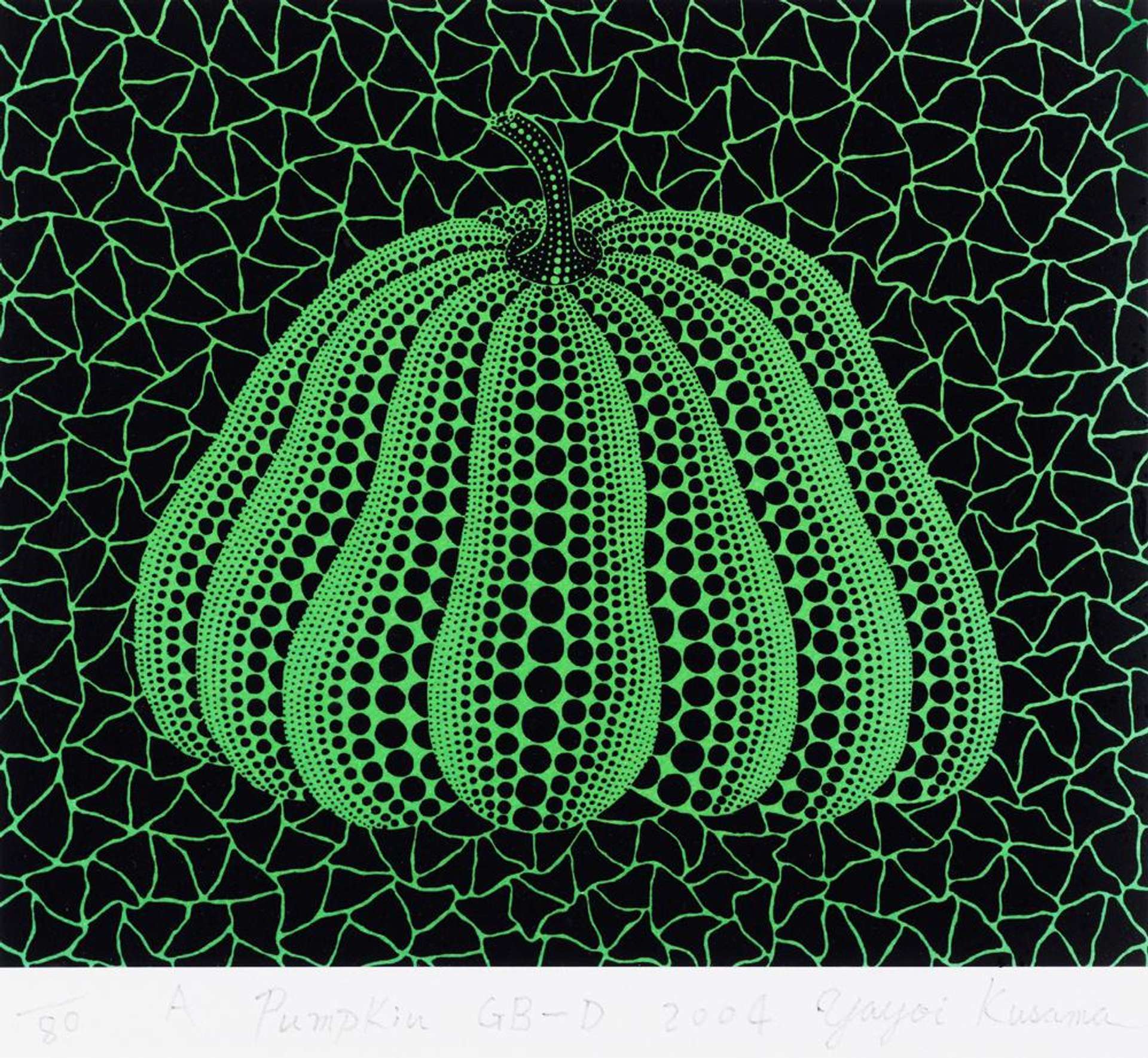 A screenprint of a green pumpkin with black polka dots, set against a geometric pattern of green triangles on a black background