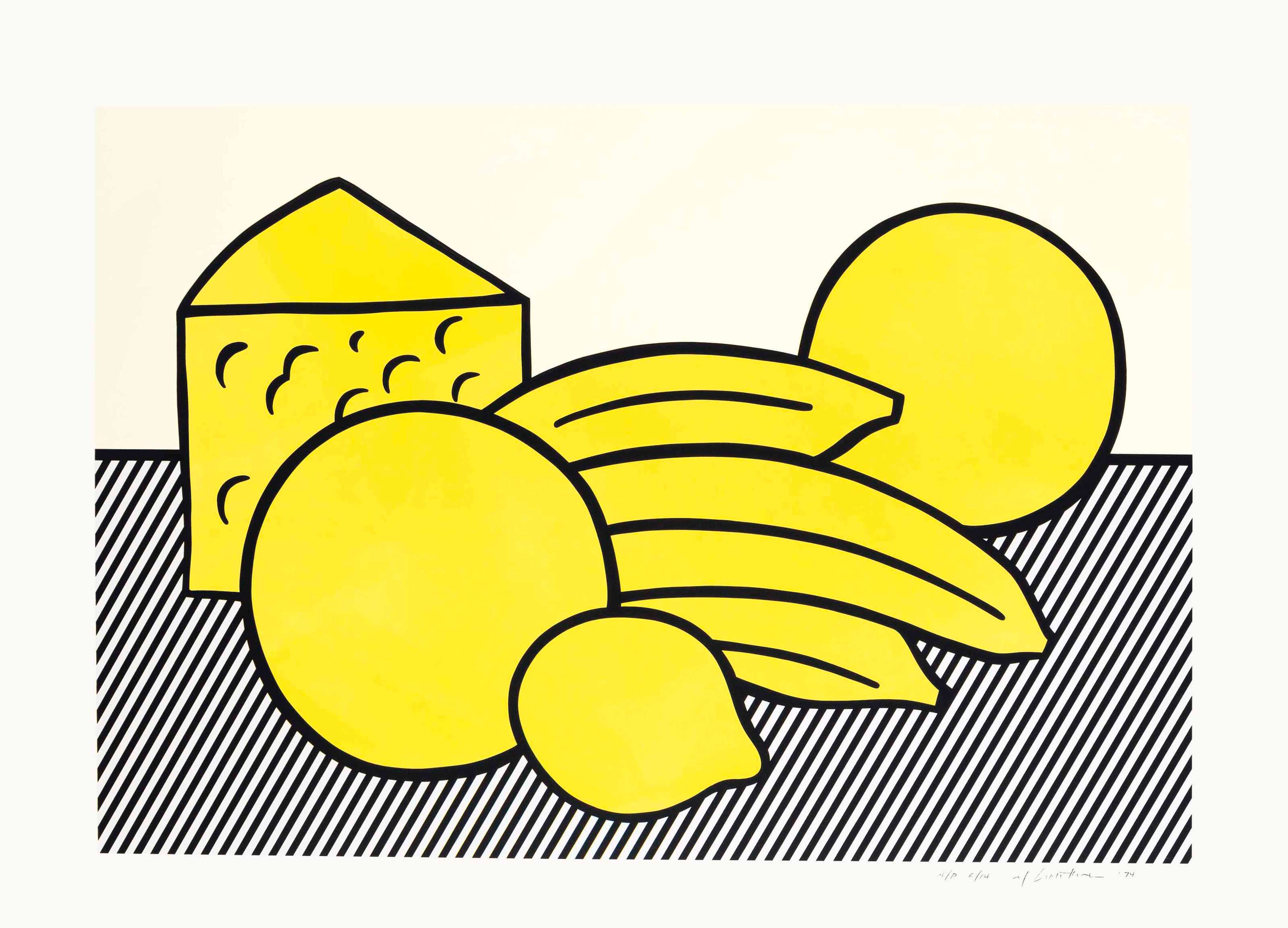 A geometric still life dominated by shades of yellow, with bold black contours and simplified forms.