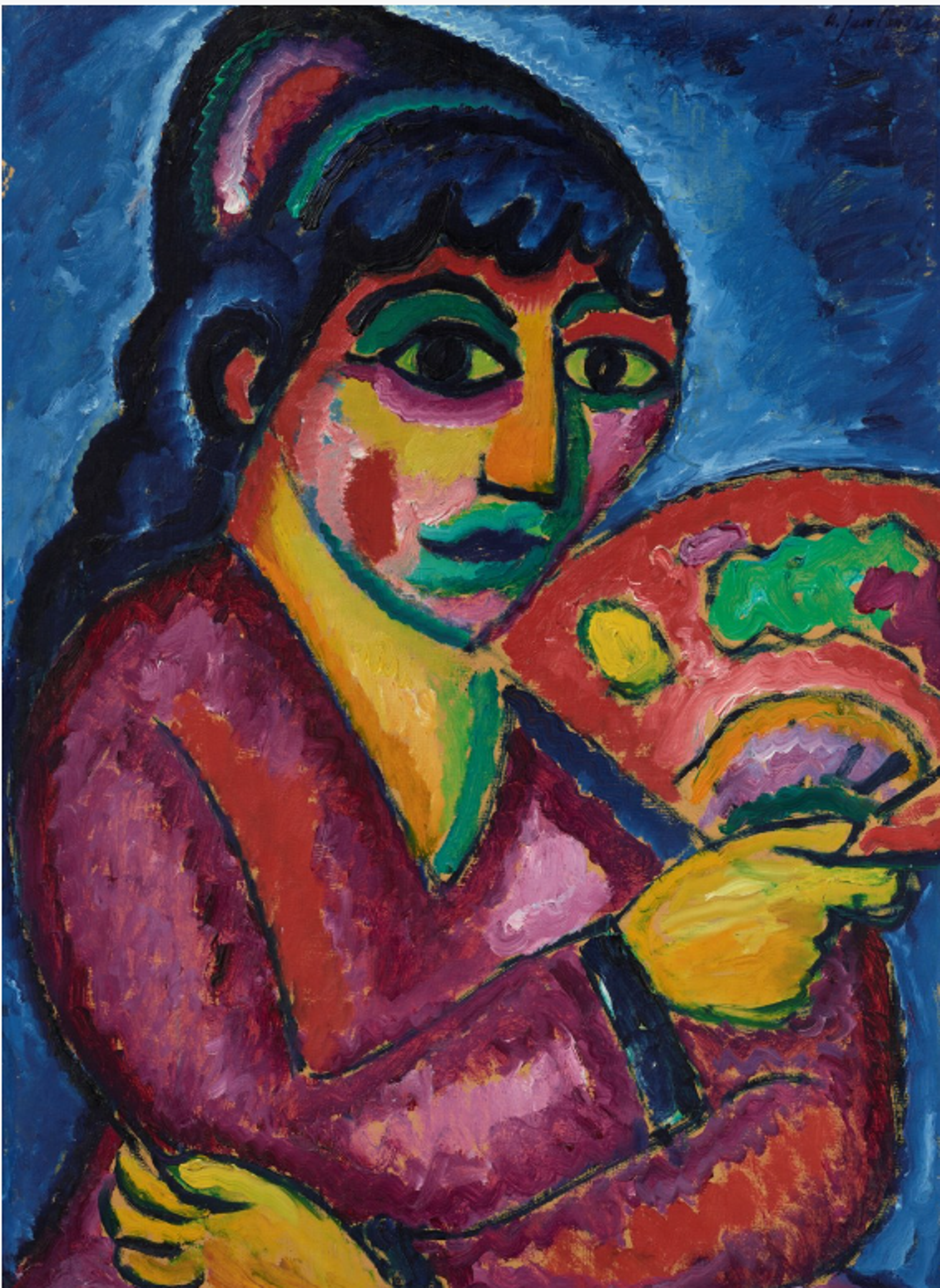 A very stylised portrait of a woman holding a colourful fan. She has almost geometric facial planes outlined in varying dark colours, and a luminous blue halo. Almost every primary and secondary colour is used to give her face depth, including blue highlights around her mouth and thick red shadows beneath her blue hair. 