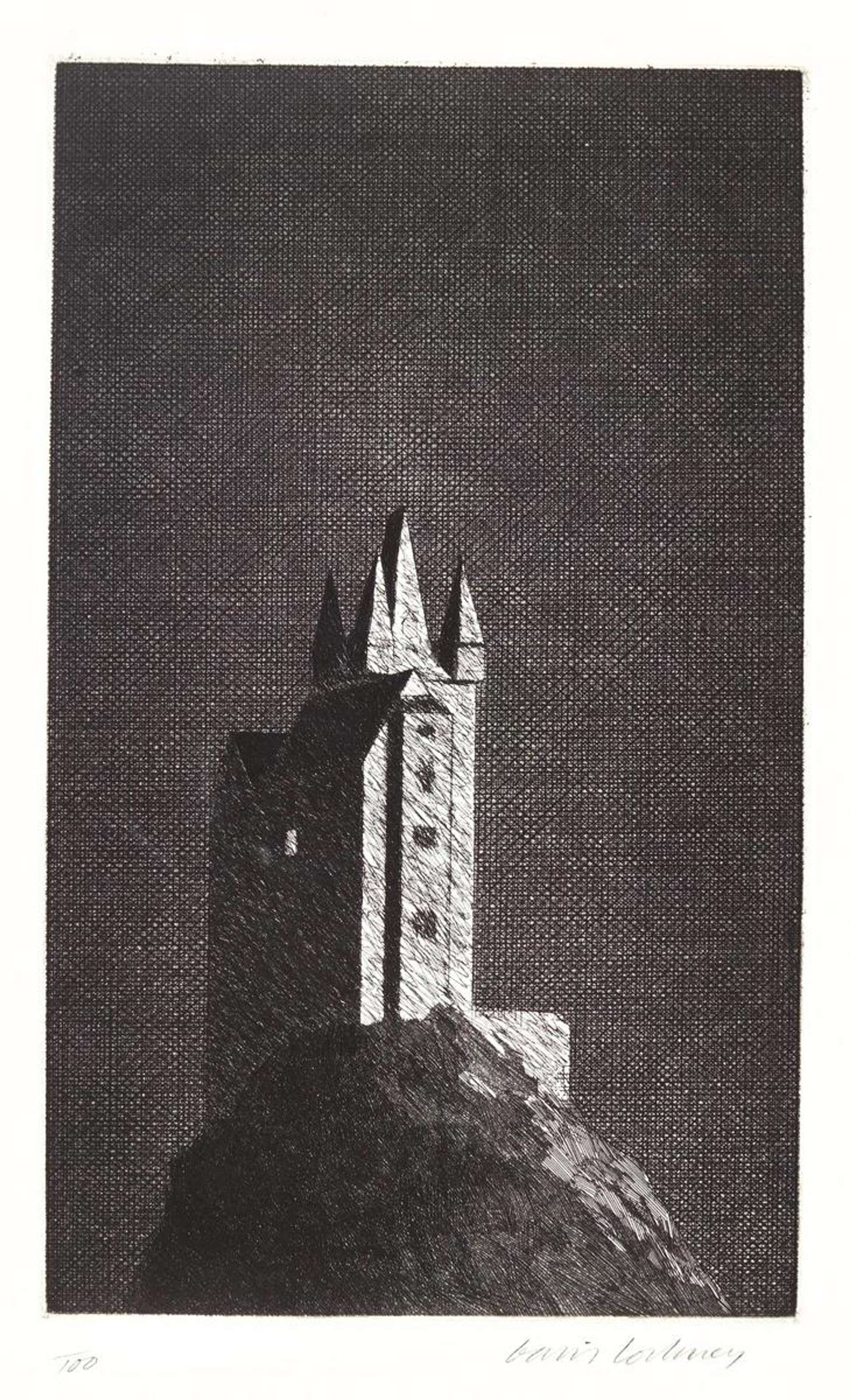 Shaded grey against a dark background of cross hatched marks, a castle with with high turret, pointed spires and narrow windows sits alone on a fuzzy mound.