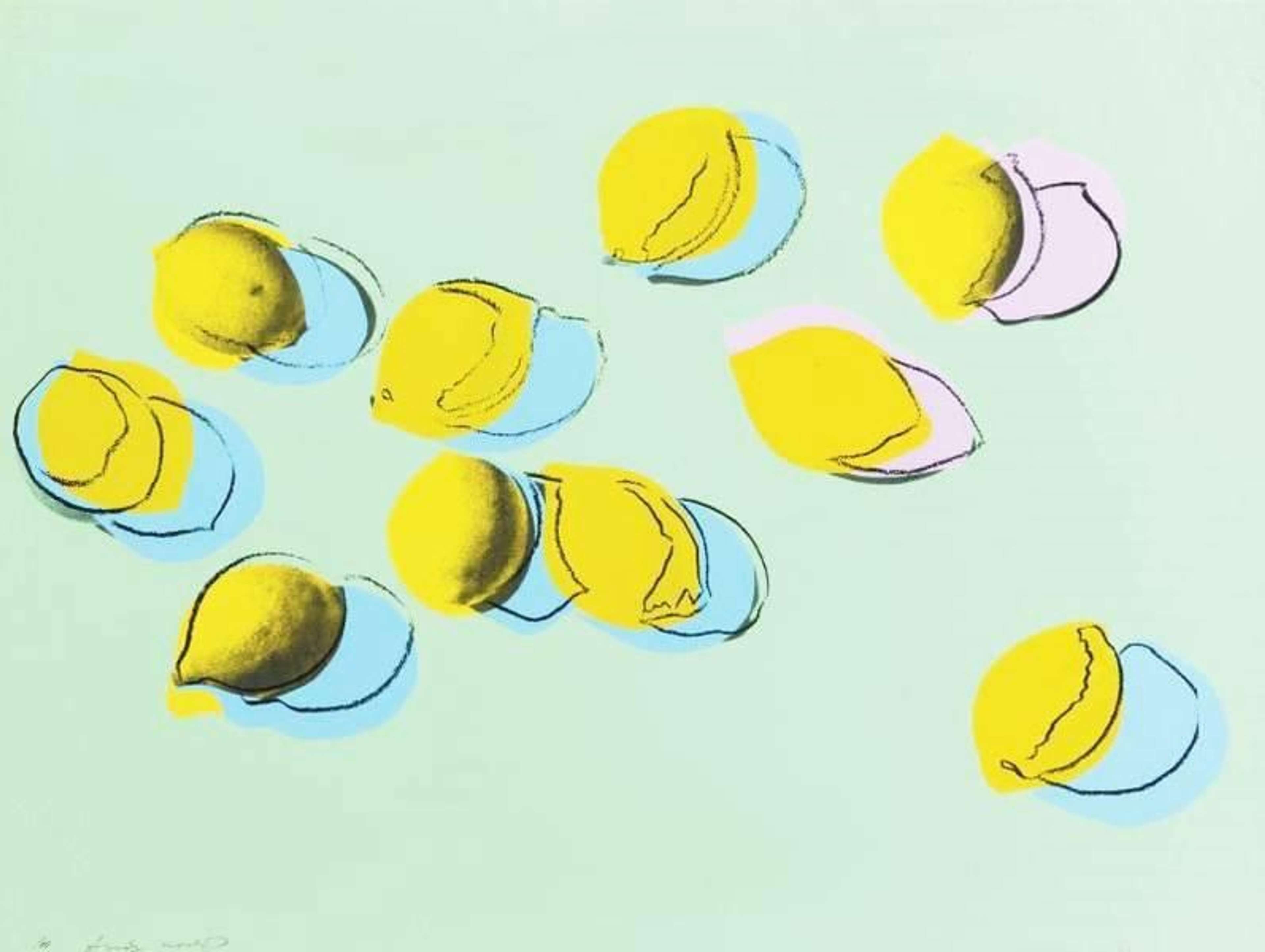 A screenprint of lemons in vivid yellow and green hues, casting long angular shadows across a stark pastel surface.