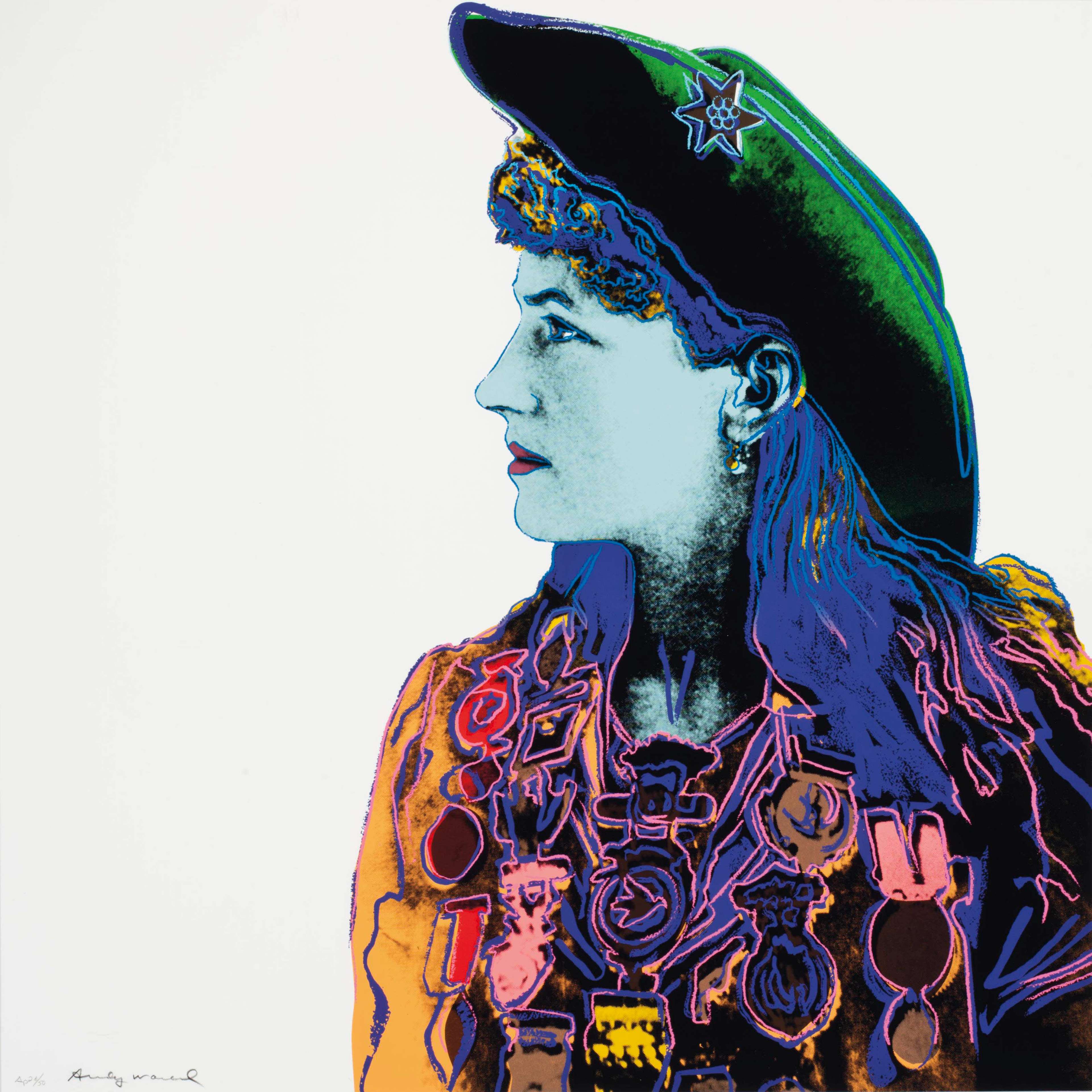 A stylised screenprint of Annie Oakley, her figure sharply outlined against a flat, colourful background.