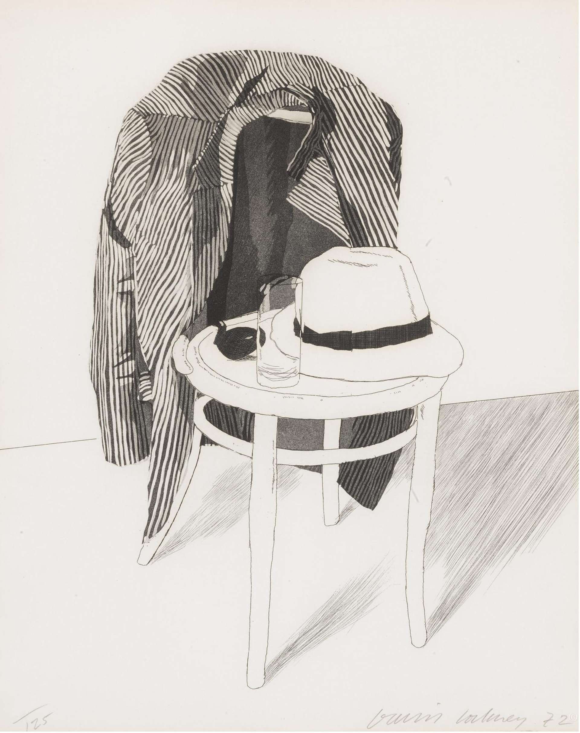 This monochrome print shows a jacket, a panama hat, an empty glass, and a pipe, all sat atop the ghostly suggestion of one of Hockney’s signature chairs