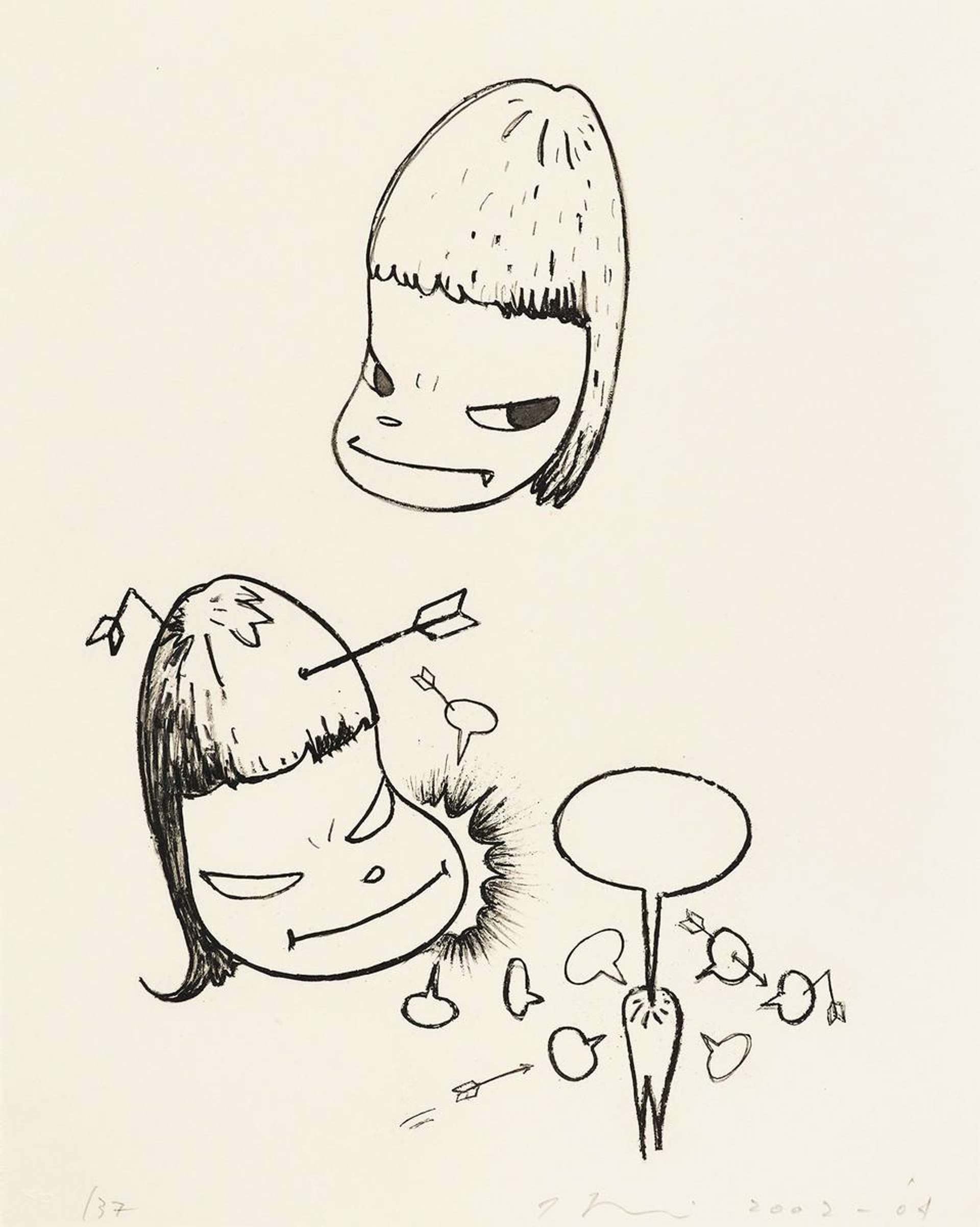 Yoshitomo Nara’s Pain (2002) print, the work depicts two cartoonish heads, one angry , and the other pierced by an arrw.