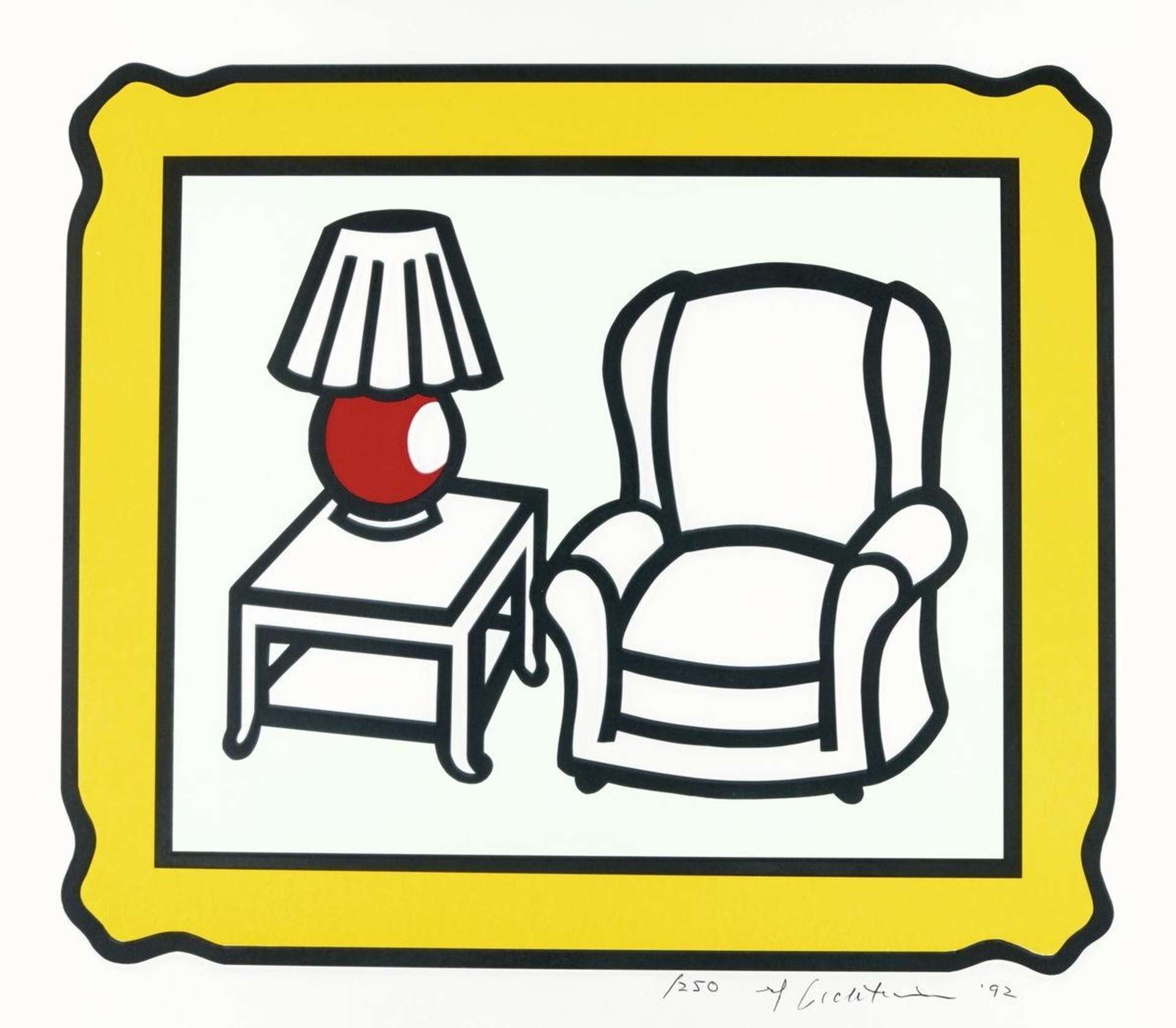 An illustration of a sofa chair and a table with a lamp featuring a black lamp base and a yellow lampshade. The lamp is framed by a hand-drawn yellow picture frame.
