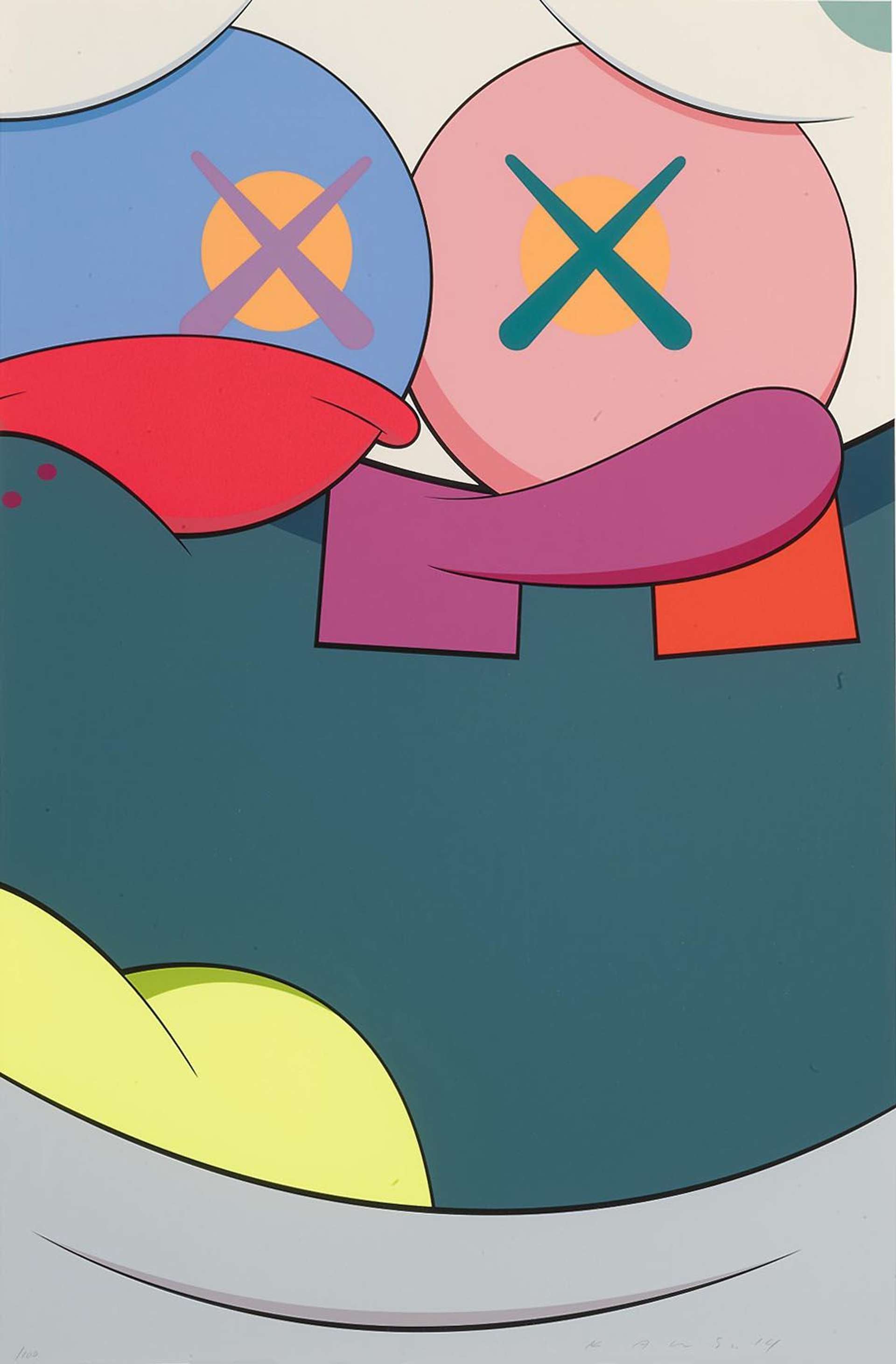 KAWS’ Blame Game VII. A screenprint of the cartoon character, Spongebob, with muted grey tones of yellow and green. His eyes have x marks on them and are different colours.