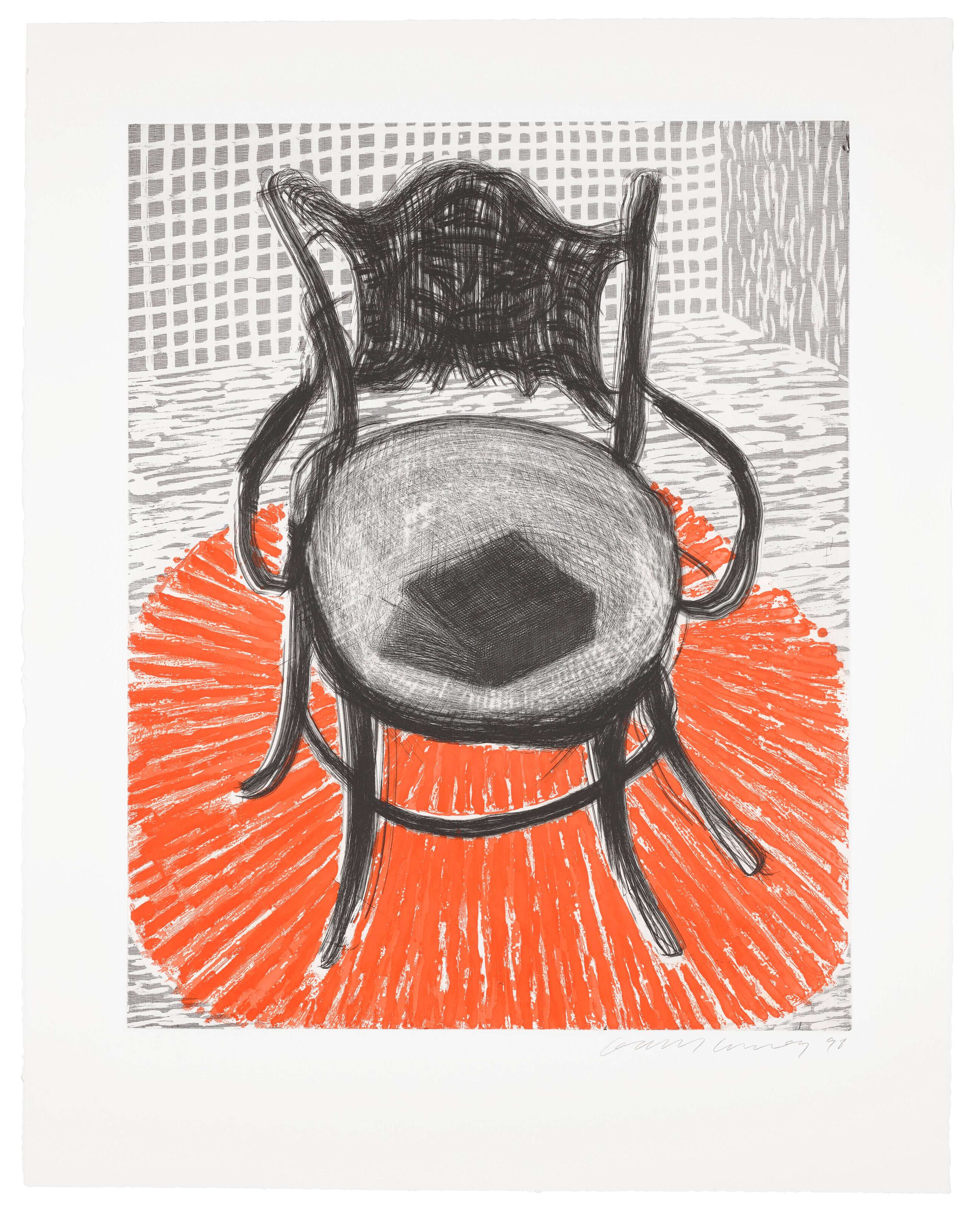 Chair With Book On Red Carpet - Signed Print by David Hockney 1999 - MyArtBroker