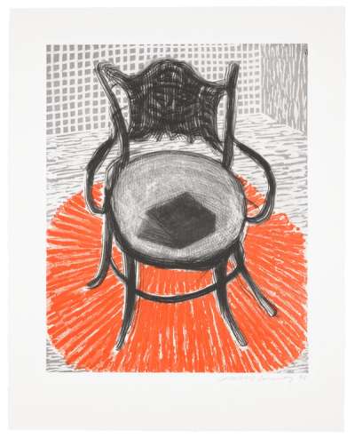 Chair With Book On Red Carpet - Signed Print by David Hockney 1999 - MyArtBroker