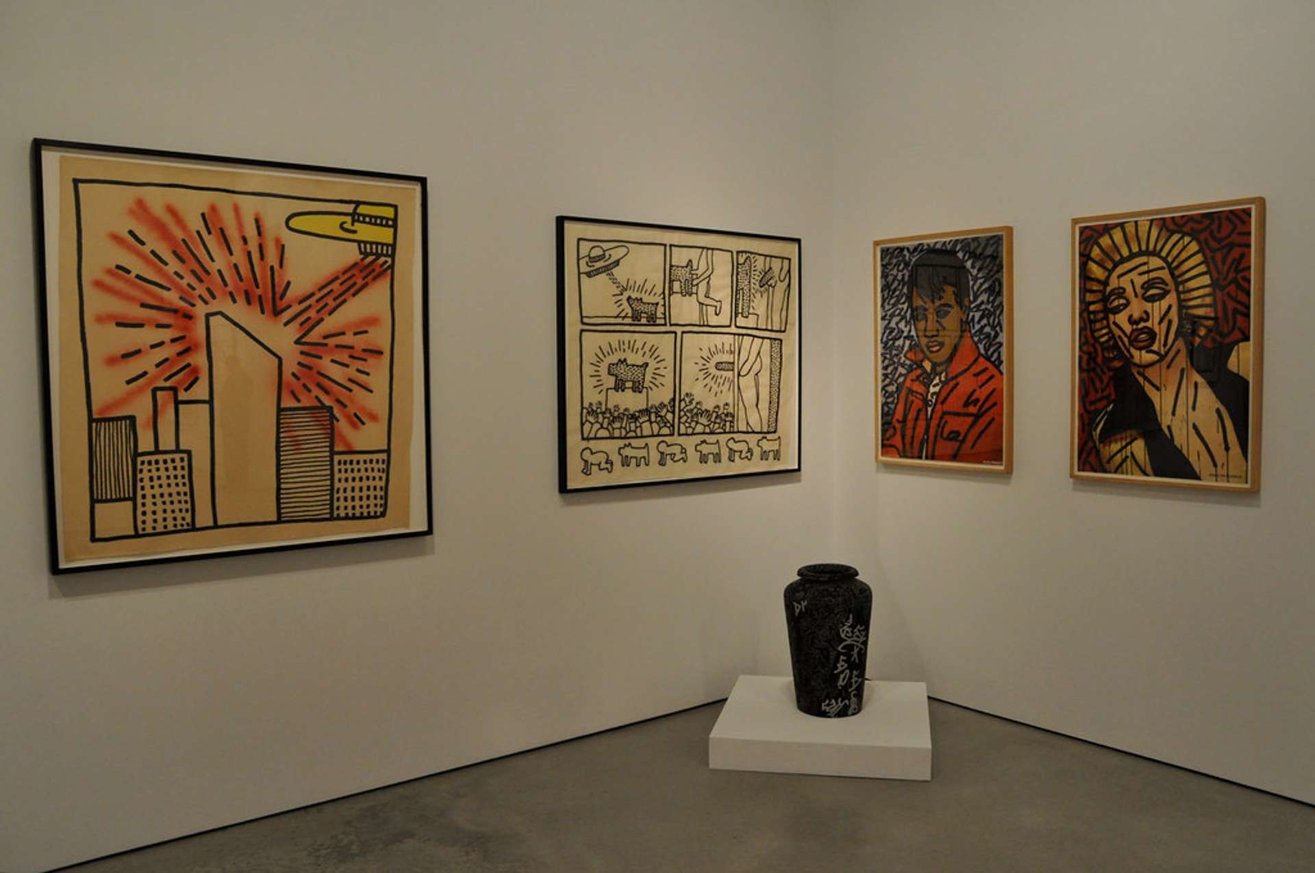 Left to right: Keith Haring, "Spaceship with Ray" (August 29, 1980); "Untitled" (January 16, 1981); "Untitled" (1981); "Untitled" (July 3, 1981). On floor: Keith Haring & LA II, "Untitled" (September 1983)