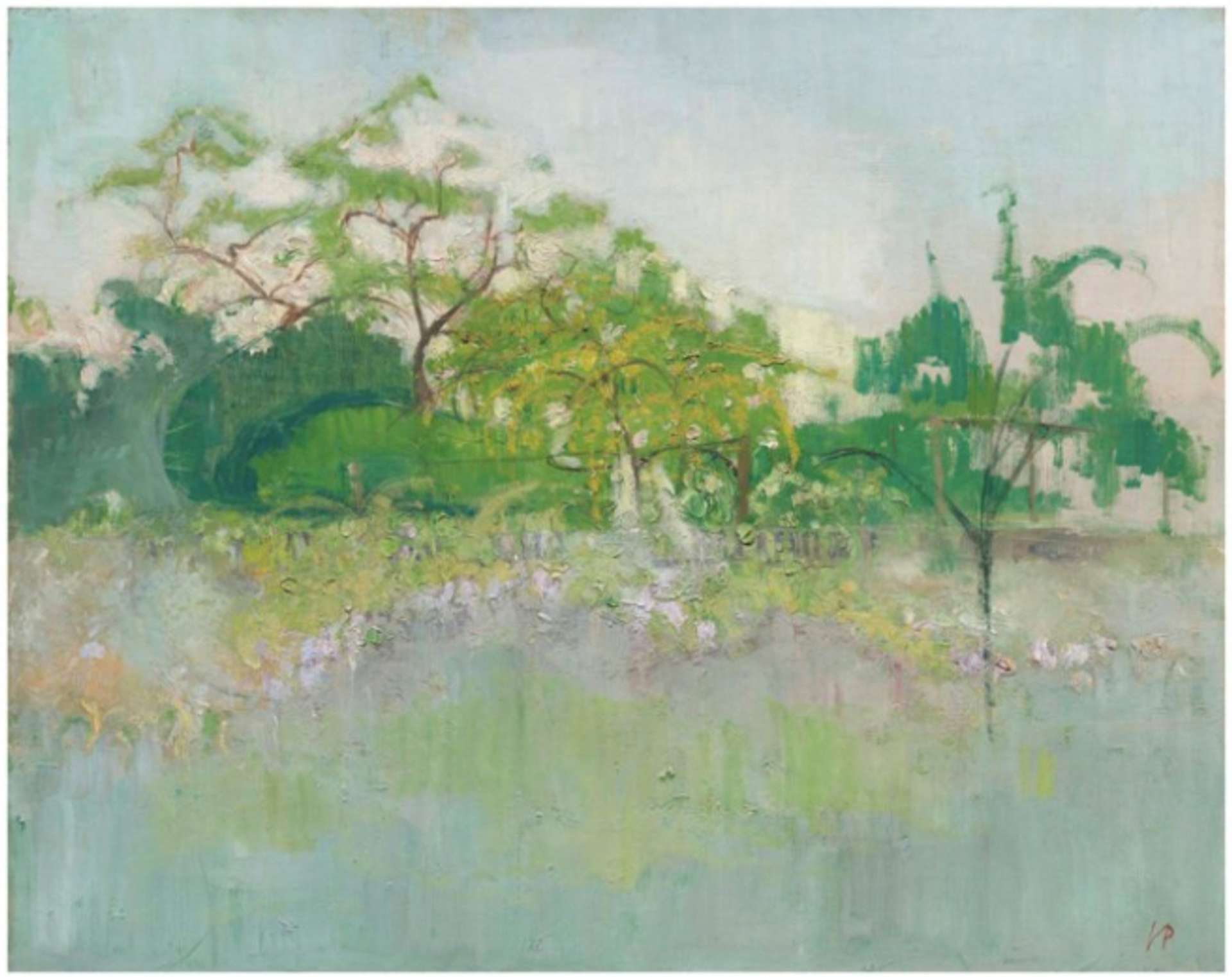 A landscape painting of a river is portrayed in a pale blue hue, with the water reflecting the surrounding trees in different shades of green. The sky appears lighter blue compared to the water, while the trees along the riverbank display various shades of green.