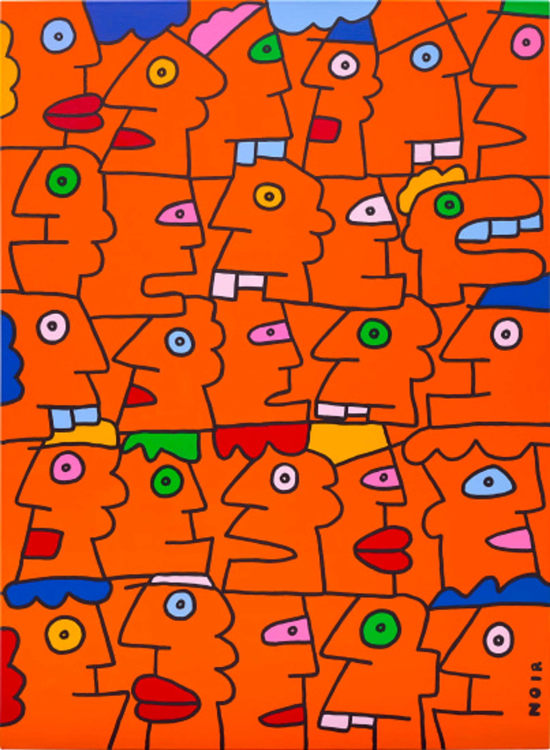 A vibrant orange canvas featuring perfectly puzzled side profiled caricatured faces drawn with thick black lines. The faces have exaggerated red lips, vibrant blue hair, and different-colored eyeballs. The artwork is signed "NOIR" in the bottom right-hand corner.