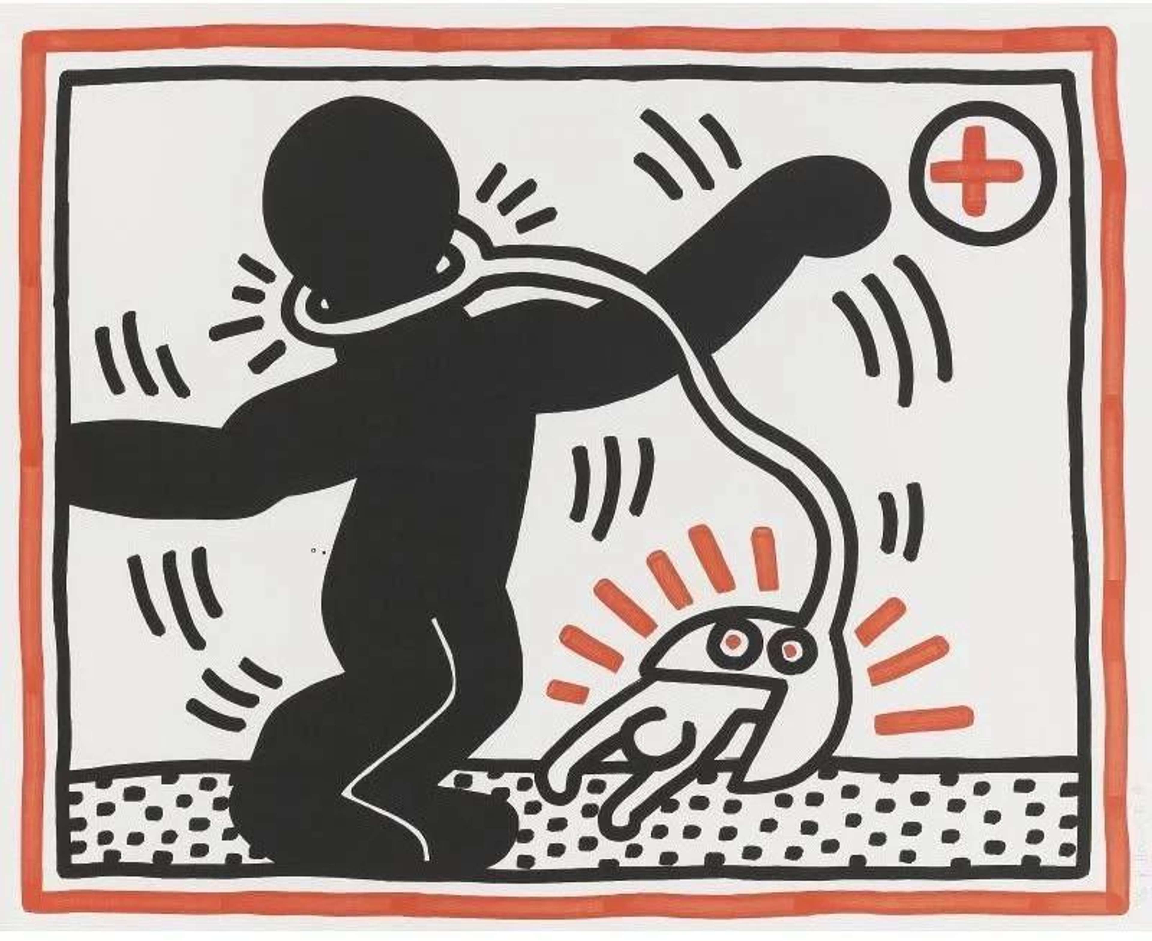 Keith Haring’s Free South Africa 1. A Pop Art screenprint of a black figure raising its foot, stepping on the outline of a white figure.