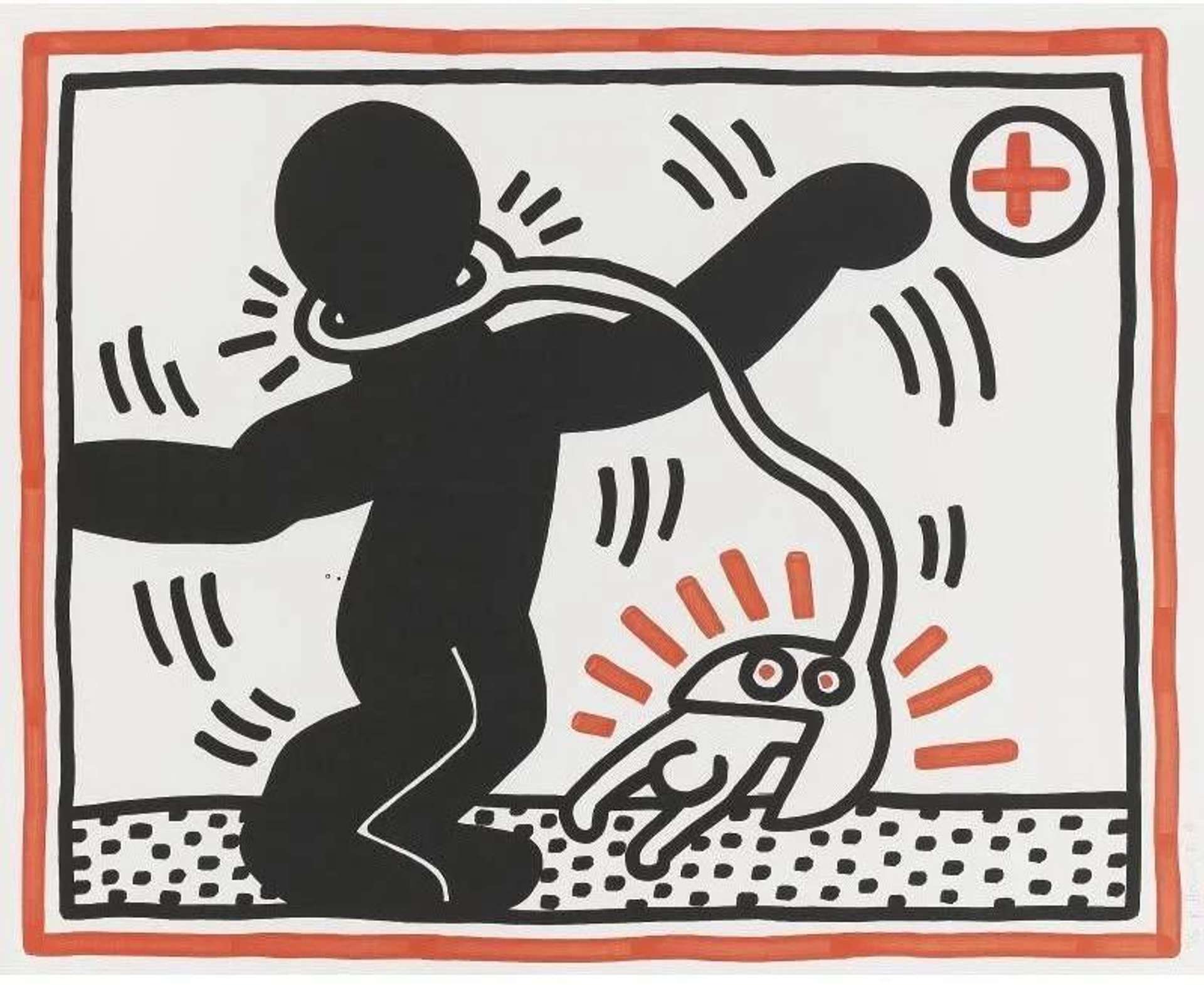 Keith Haring’s Free South Africa 1. A Pop Art screenprint of a black figure raising its foot, stepping on the outline of a white figure.