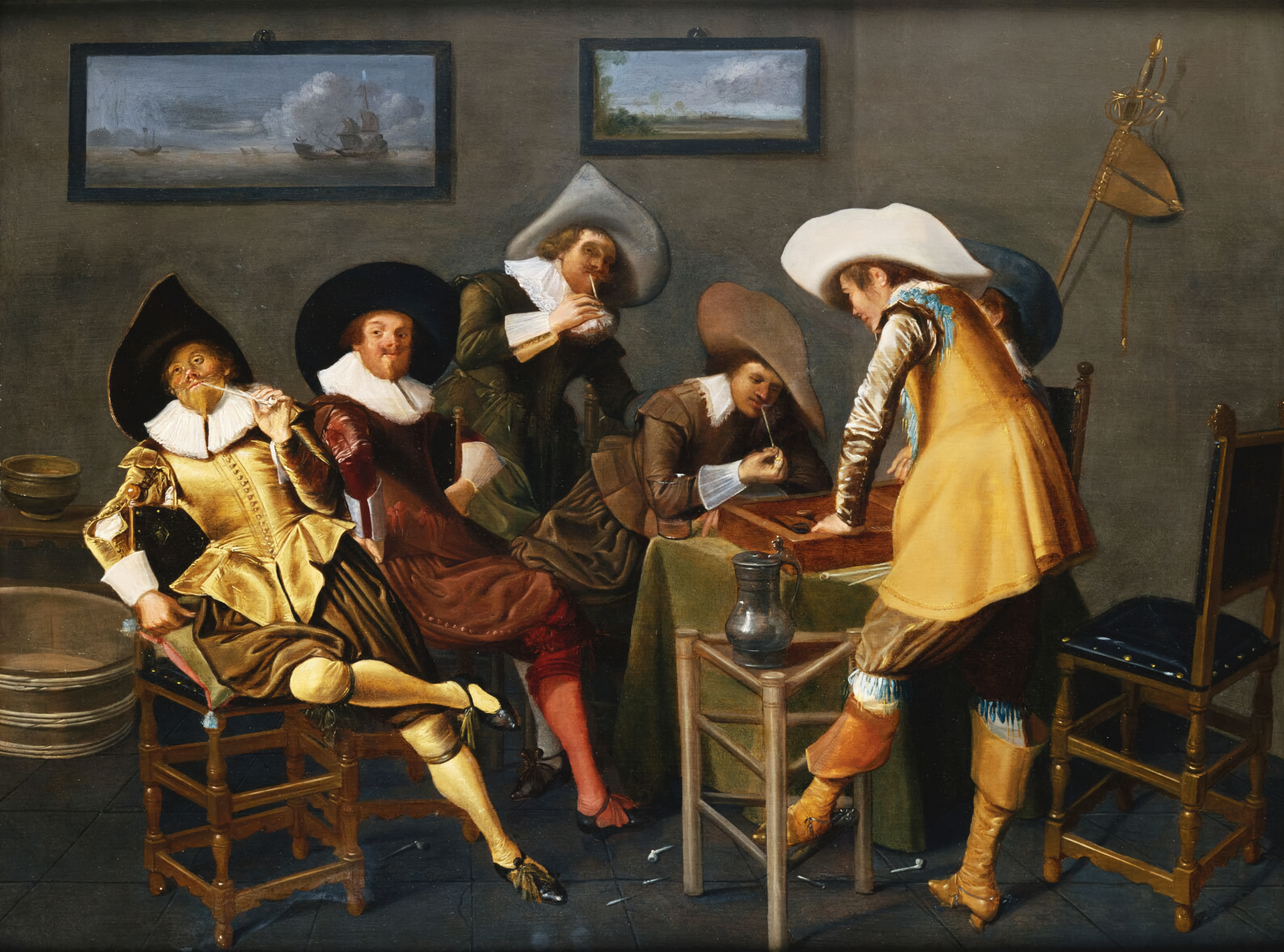 A group of men, dressed in Dutch Early Modern garb, are seen sitting in chairs and gathering around a game of backgammon.