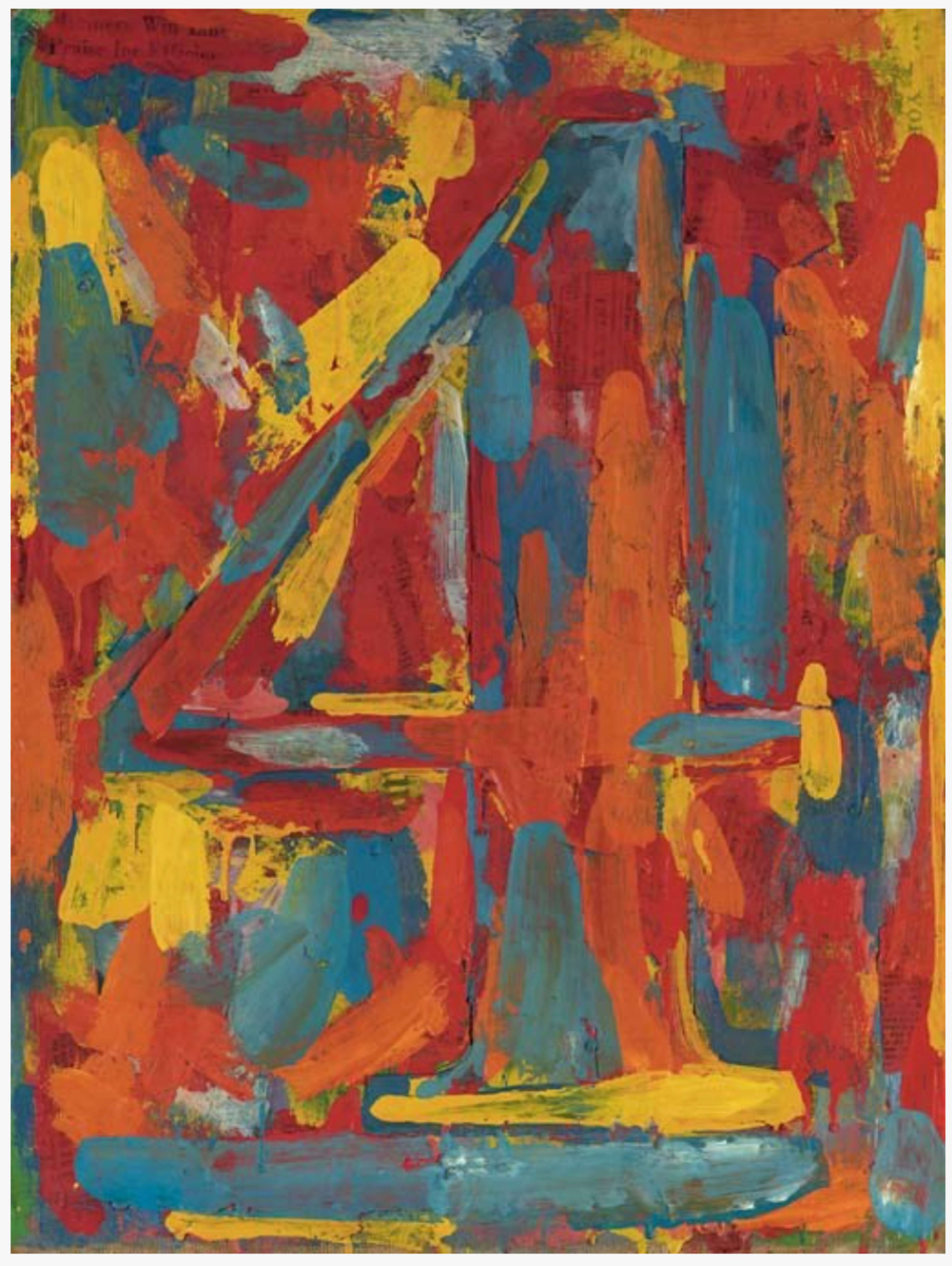 Abstract canvas with dynamic brushstrokes in yellow, red, orange, green, and blue, forming a large "4" amidst the abstract patterns.