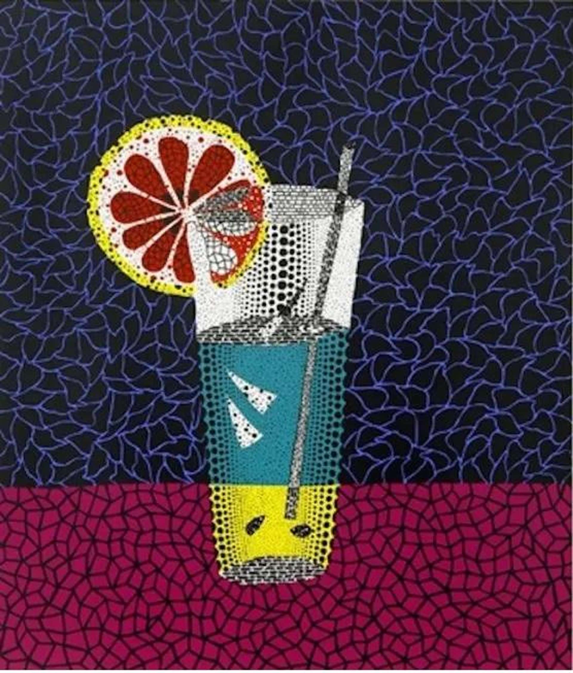 Yayoi Kusama’s Lemon Squash. A screenprint of a drink in a tall glass with a slice of lemon and straw made of a pattern of black, white, blue, yellow, and red polka dots. 