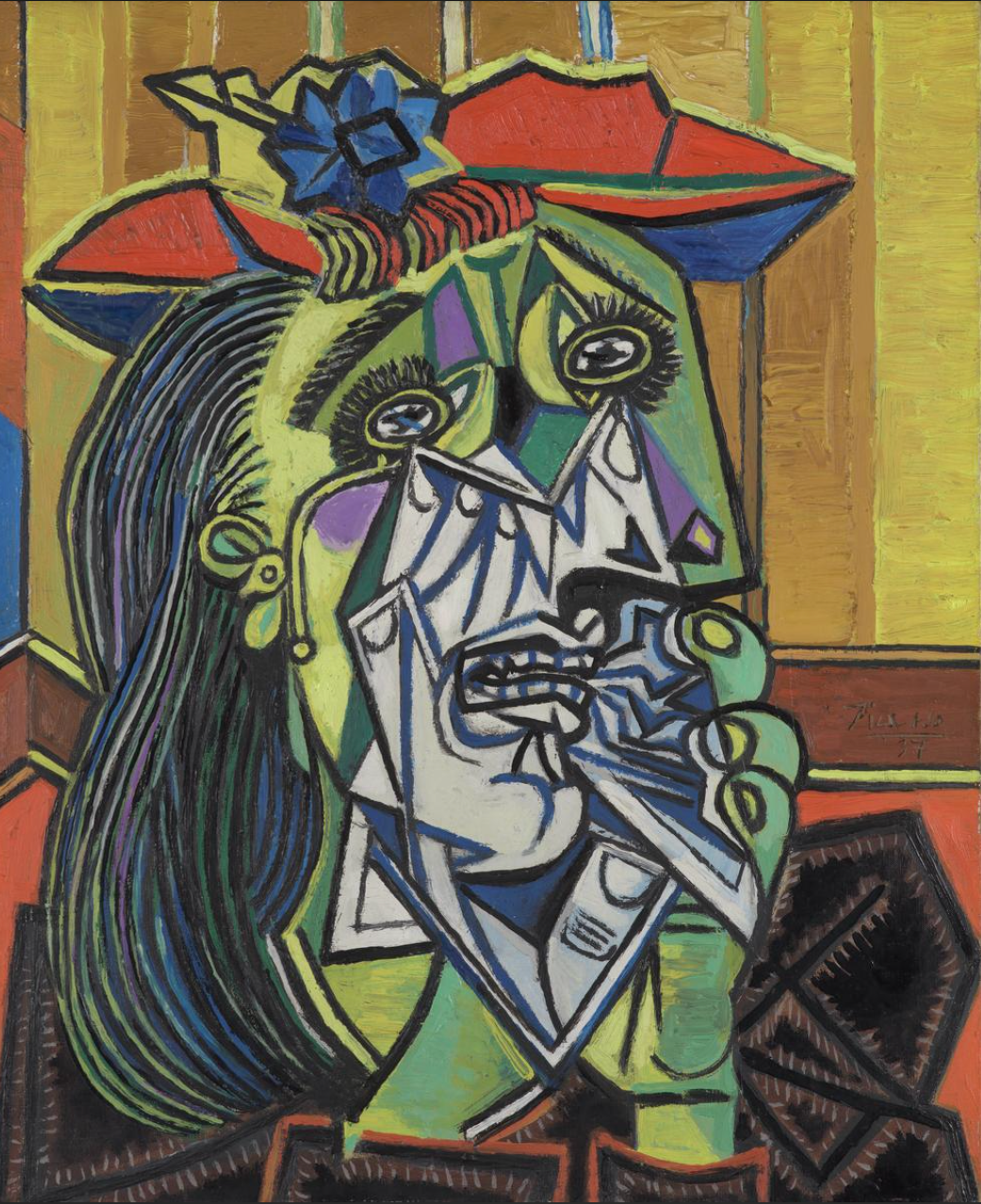 Abstract painting of a woman crying, rendered in vibrant and fragmented cubist style. Her distorted face is green and yellow, with exaggerated features, including large teary eyes and jagged shapes forming her mouth and hands. She wears a red hat adorned with a blue flower, set against a background of yellow and brown vertical patterns. The piece conveys intense sorrow and emotional turmoil