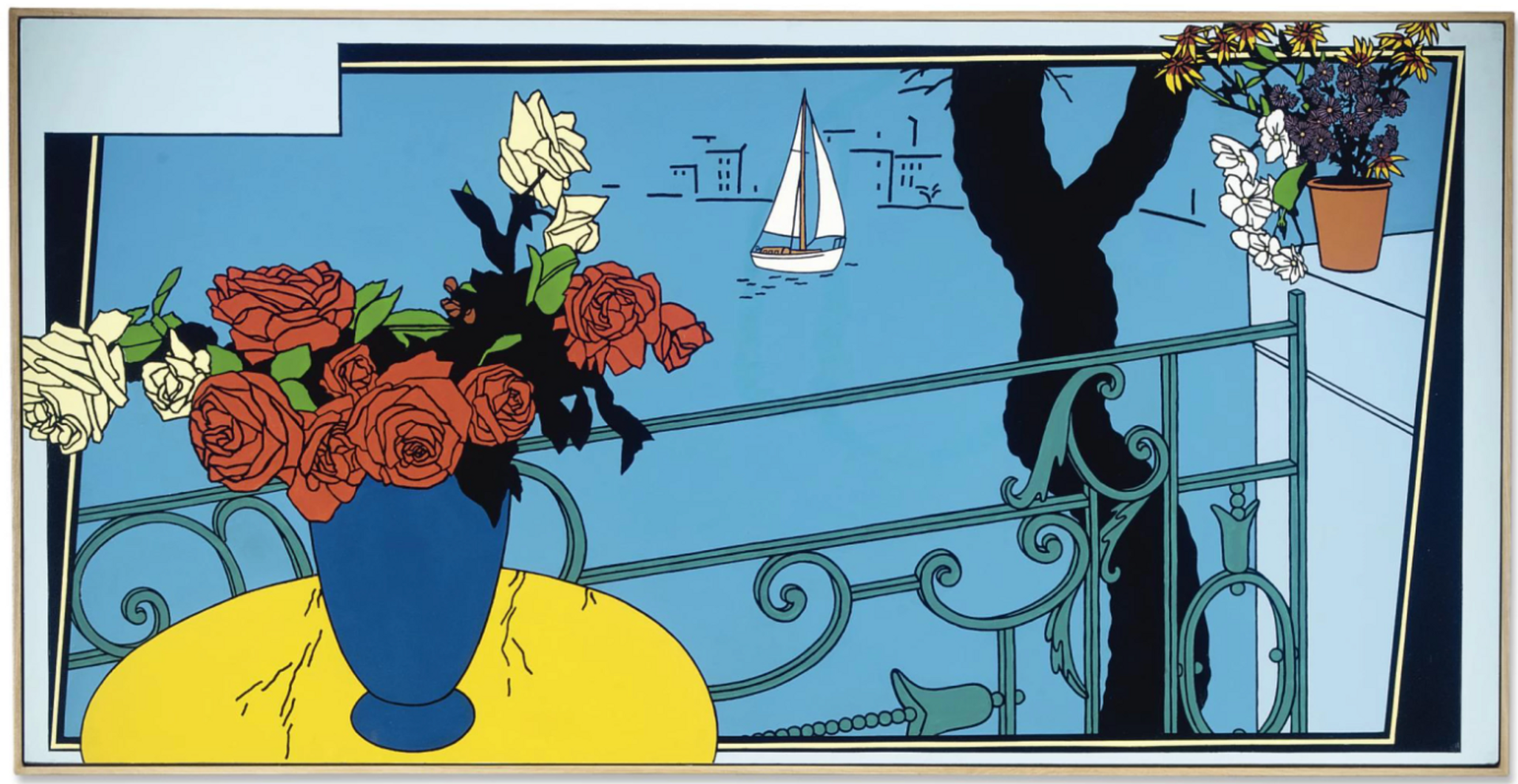 Panoramic view of a coastal harbour seen through a window. In the foreground, there is a yellow table with a blue vase filled with red and white roses. Through the window, a finely adorned gate is visible, as well as a black tree and a white sailboat in the water in the distance.