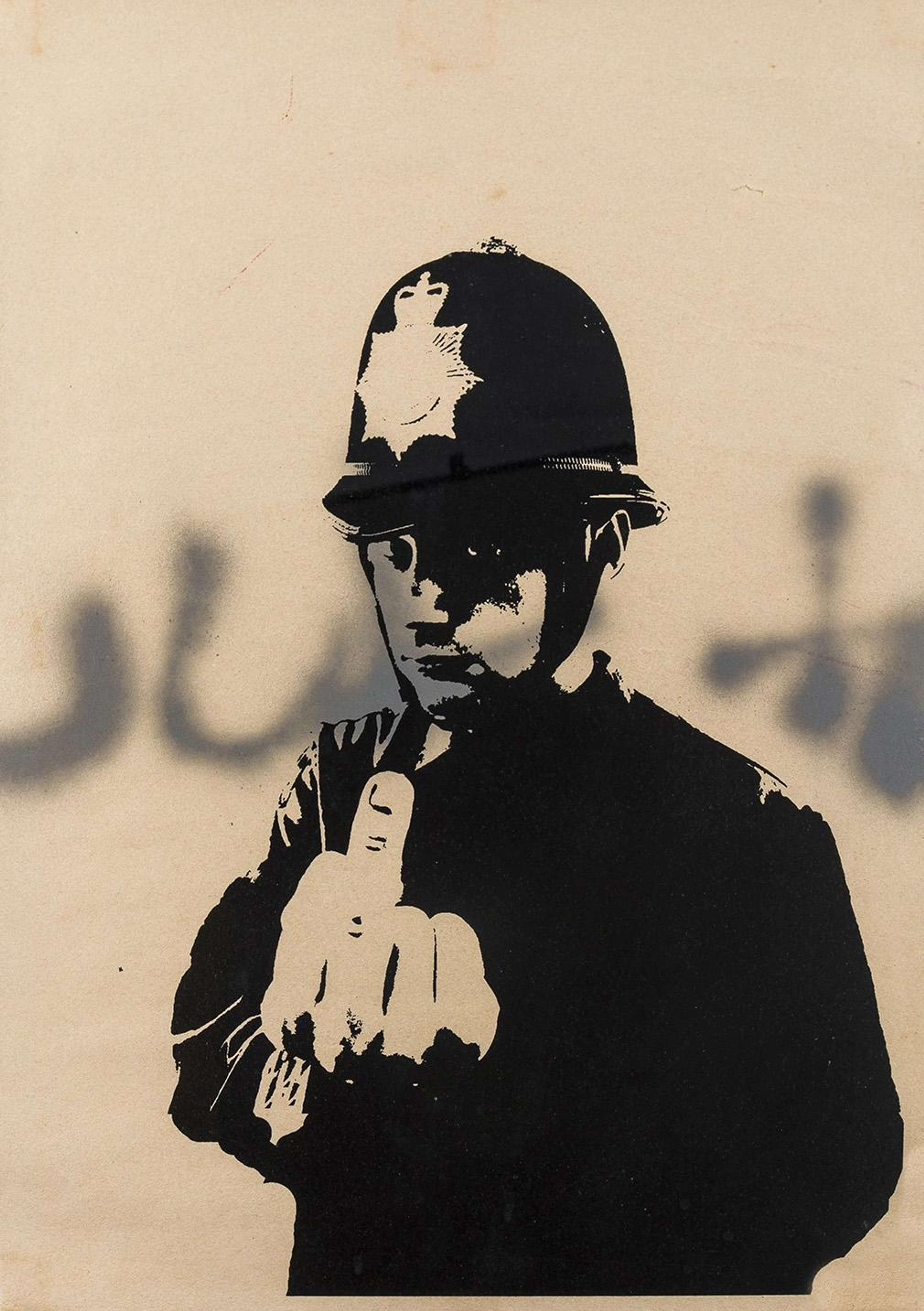 A British bobby faces the viewer and thrusts a foreshortened middle finger, accented with an anarchy motif.