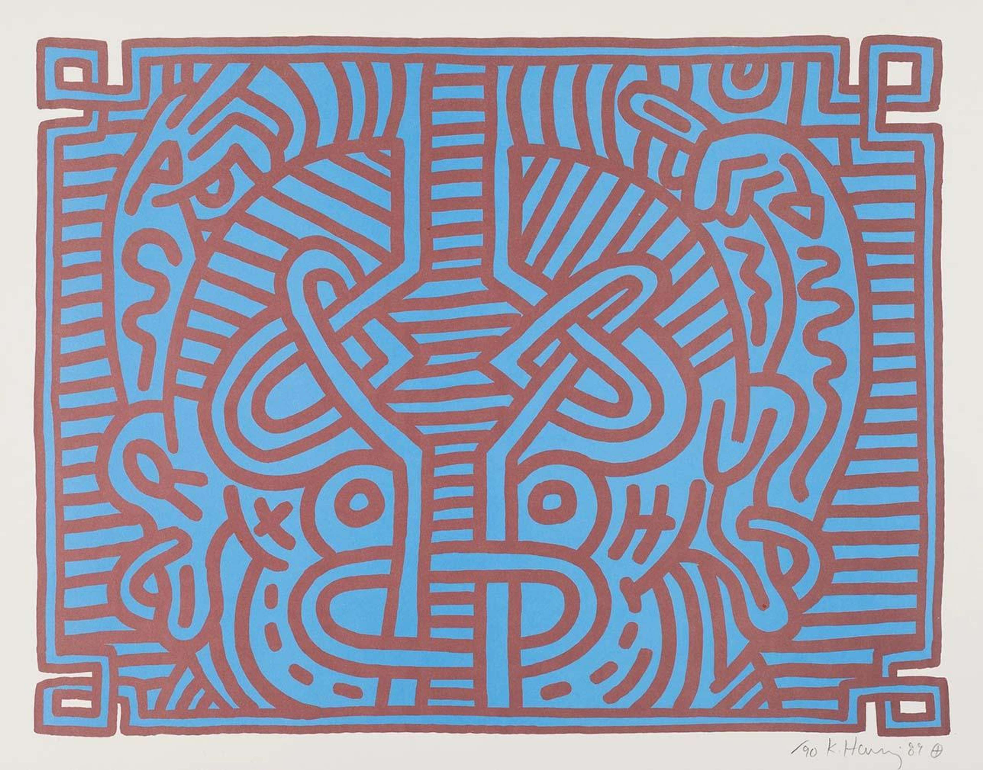 Keith Haring’s Chocolate Buddha 1. A Pop Art lithograph of an Aboriginal-inspired abstract face of symmetrical red lines against a blue background.