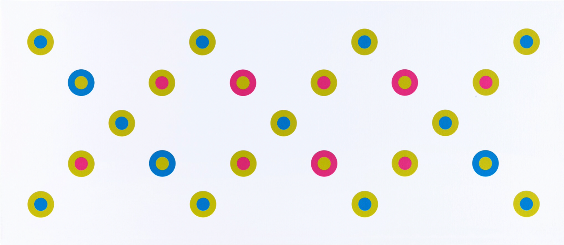 Against a white background, a repeated pattern of spots appear in formation across the composition. The dots vary in different colour combinations of lime green, blue and pink.