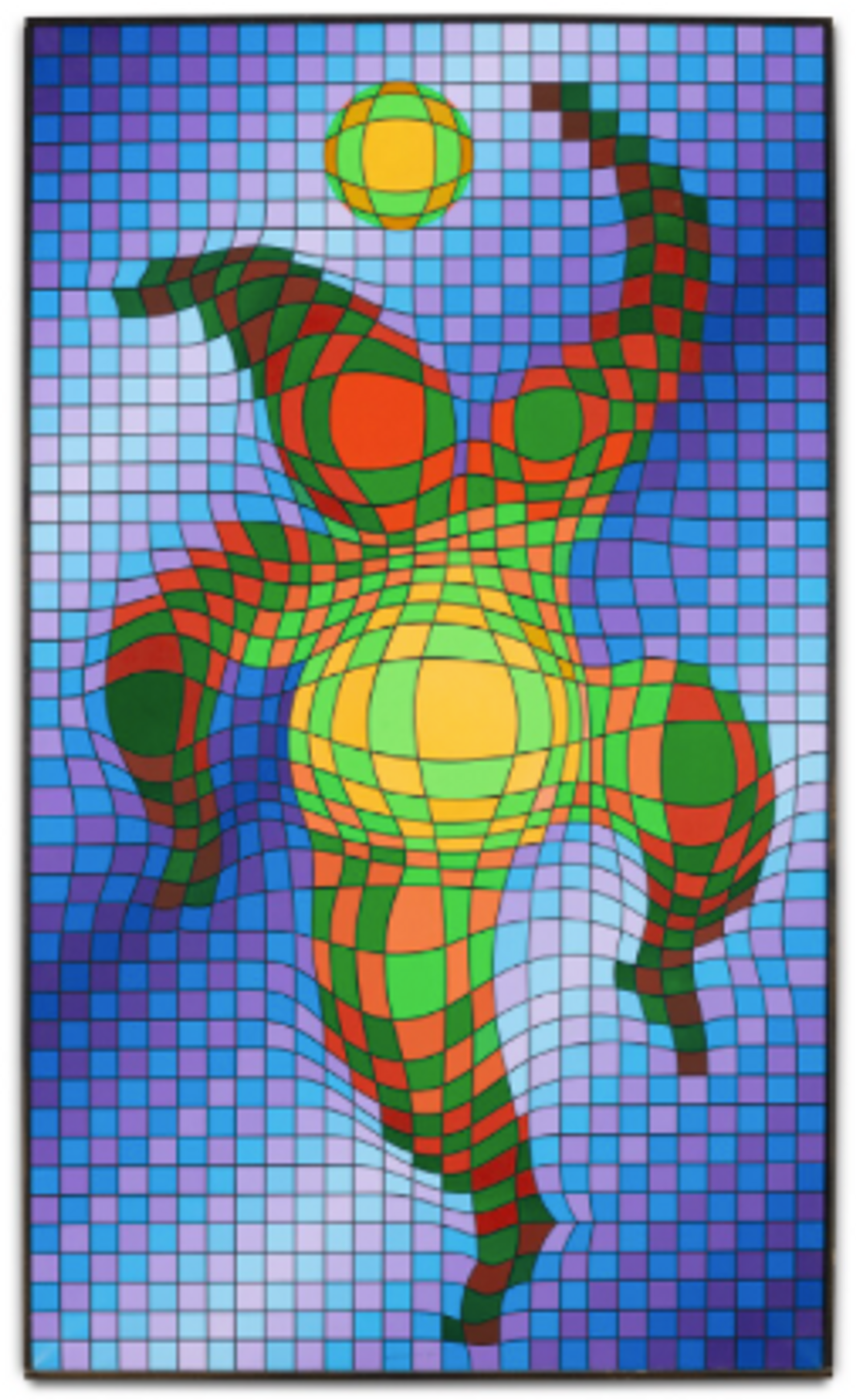 A vibrant geometric abstract artwork showcasing a playful, faceless harlequin at the center, engaging with a ball. The composition incorporates shades of green and orange, set against a backdrop of a blue and purple grid pattern.