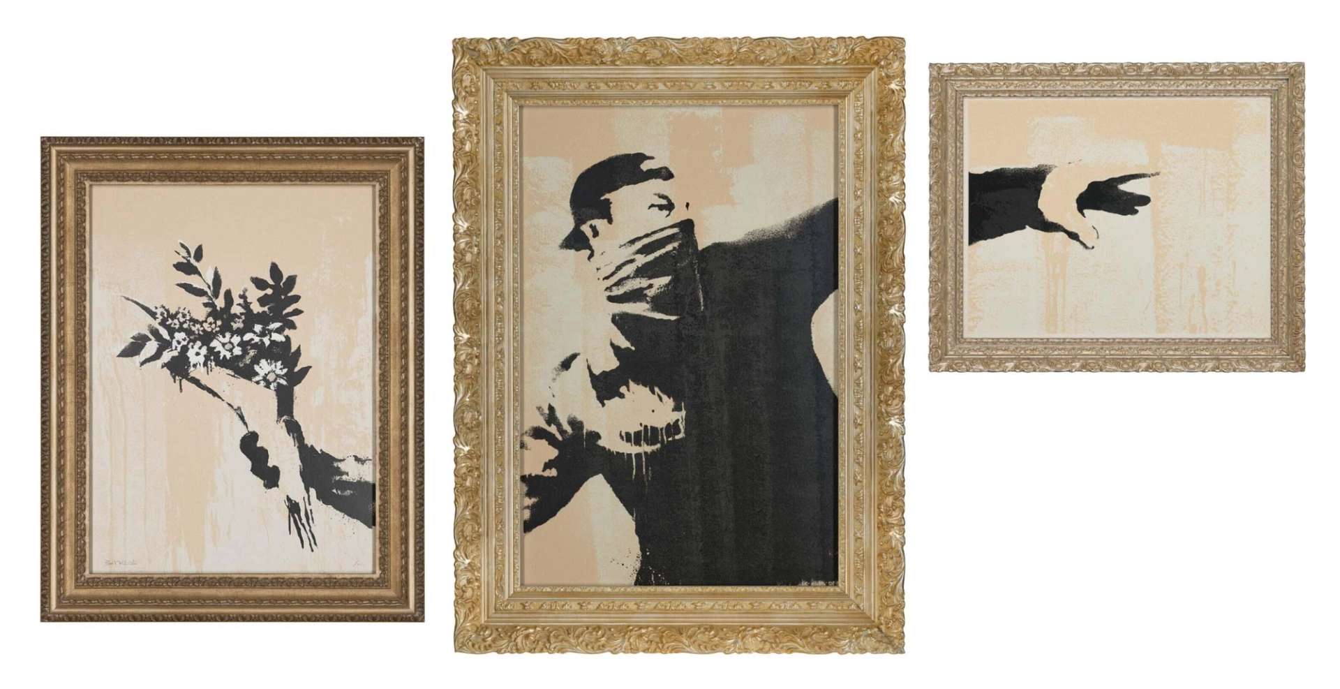 A triptych screenprint in gold frames by Banksy depiction a man about to launch a bunch of flowers, spread across the three panels.