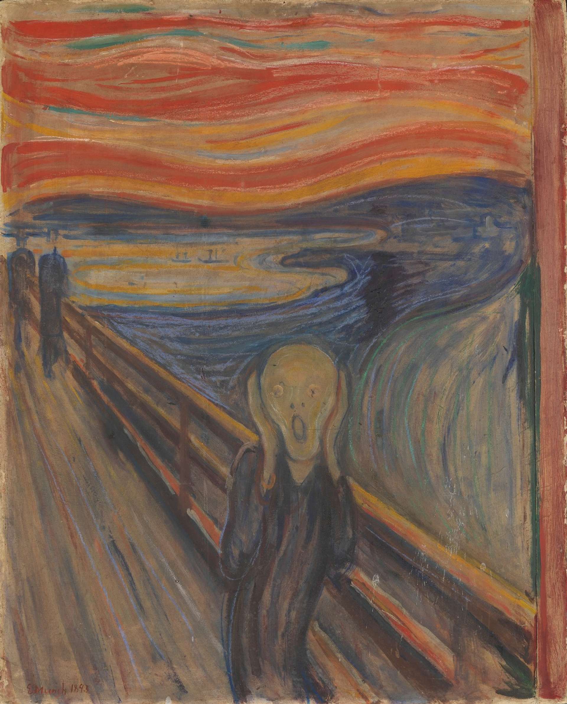 An image of the artwork The Scream by Edvard Munch. It shows a man, distorted, holding his face while displaying an agonised face. He is standing against a bright orange sky.