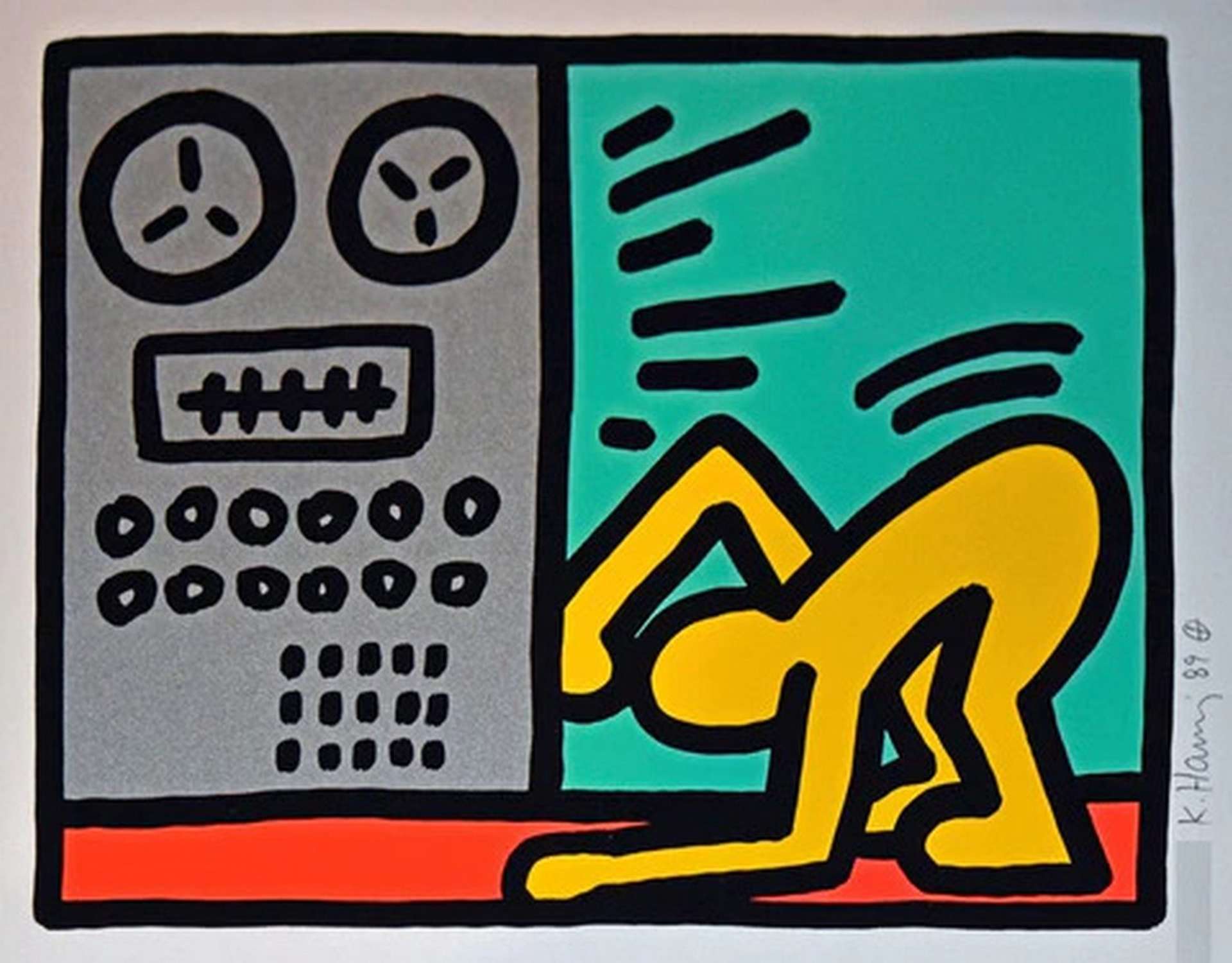 Keith Haring’s Pop Shop III. A yellow figure dancing while listening to music in the Street Art style of Keith Haring