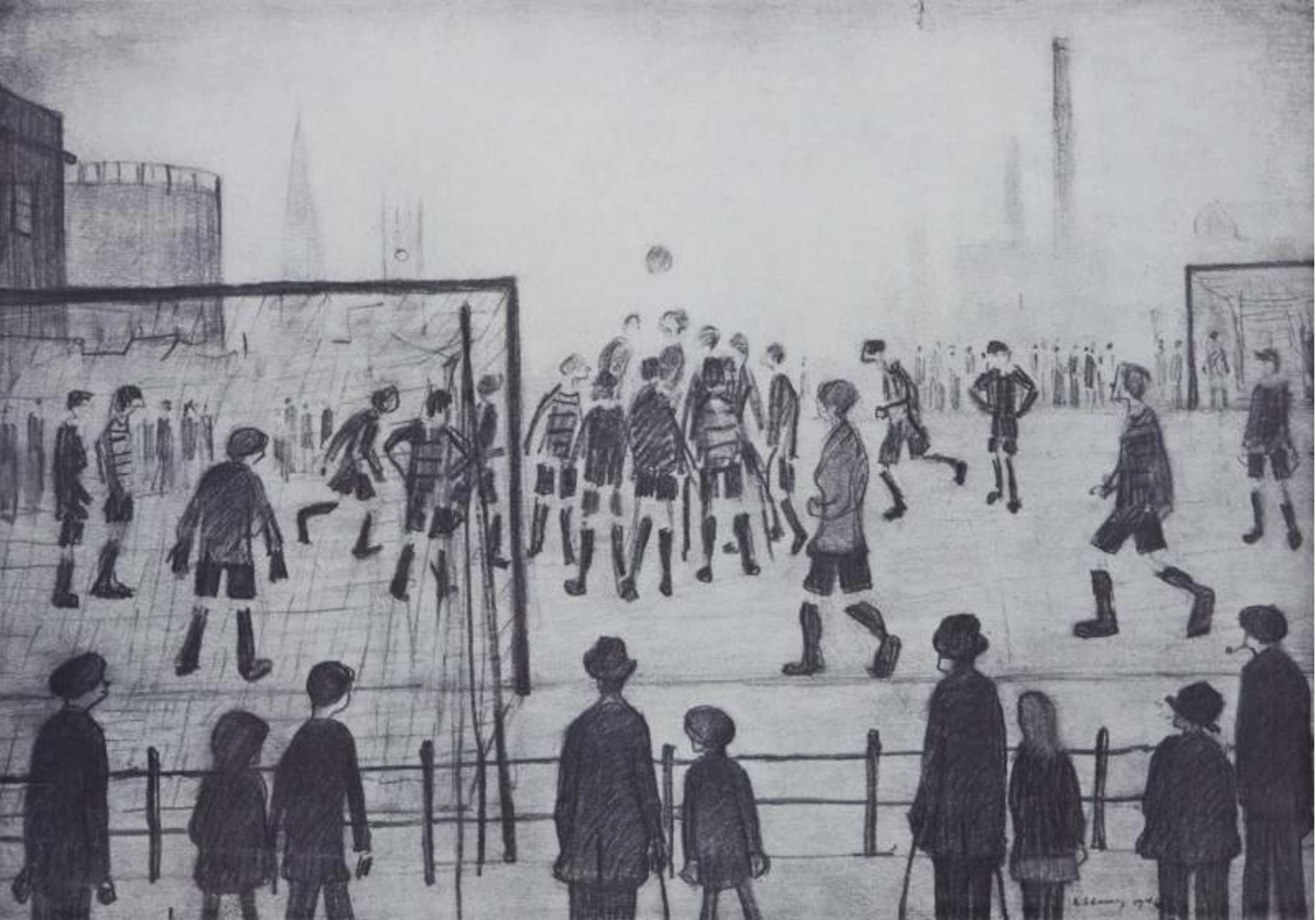 In this print within Lowry's Football series, the figures are stick-like and stylised, but captured in movement. Here the players converge on a ball, framed by the goals. The players are captured mid- movement and Lowry clearly puts emphasis on their clothing through his usage of colour, making them stand out. Beyond them the picture disappears into a haze of urban life. It is all done in monochrome.