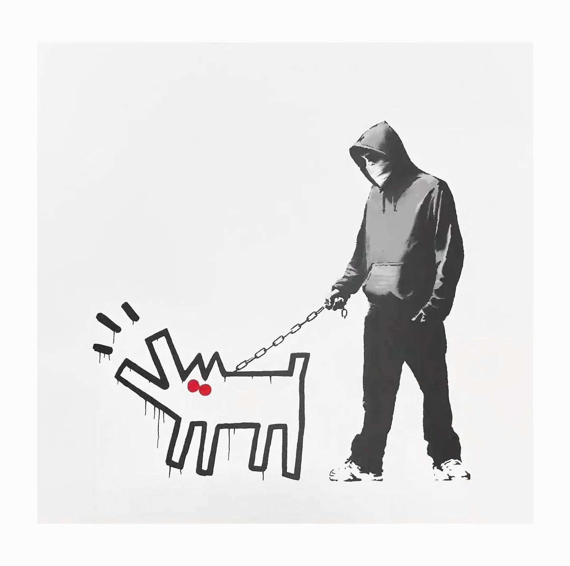 A black and white signed screenprint by Banksy depicting a hooded man holding the lead of a dog, which is inspired by Keith Haring's Barking Dog and had red spray painted eyes.