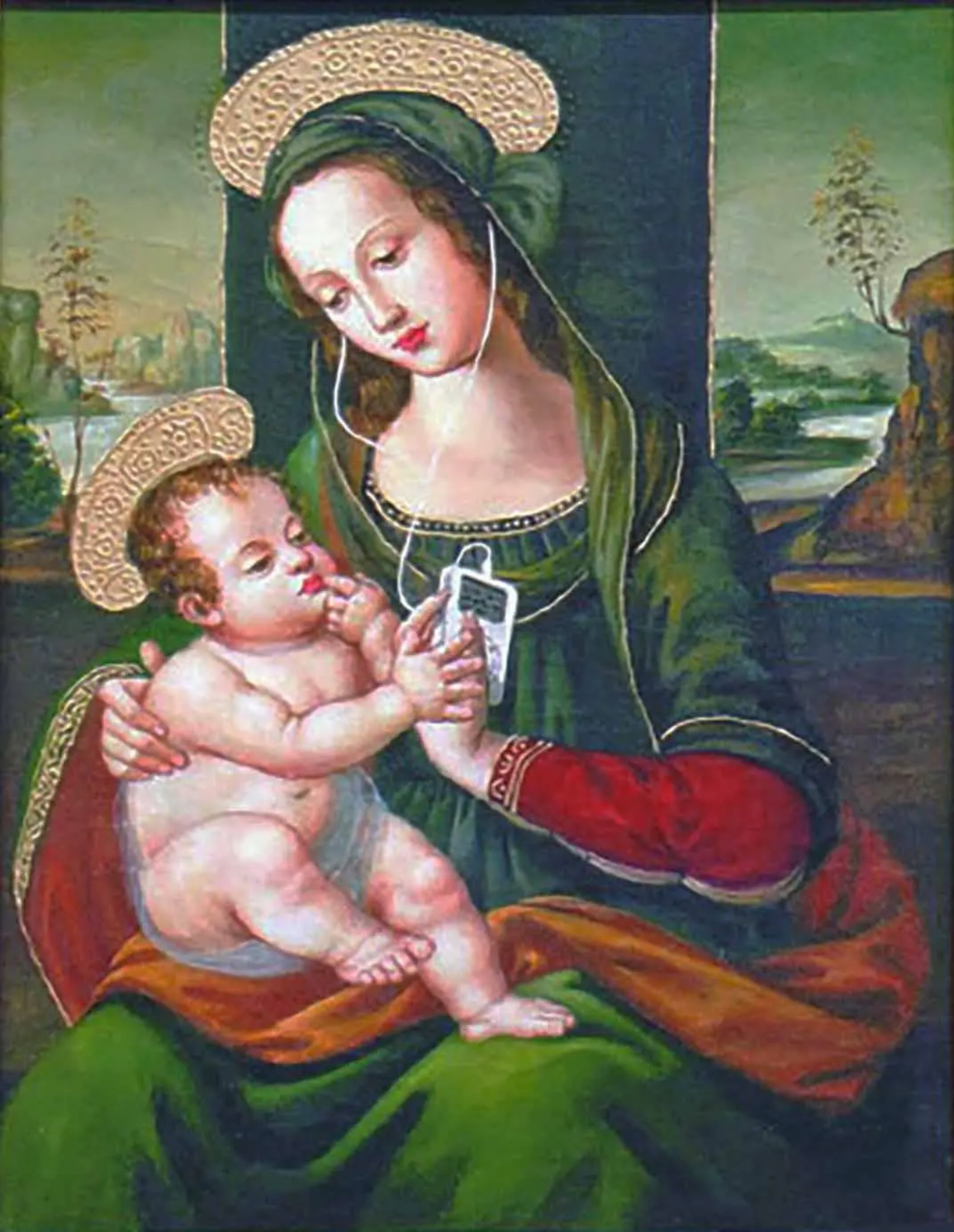 This work by Banksy shoes a traditional, Renaissance-style depiction of the Virgin Mary craddling baby Jesus. She has wired headphones conntected to an iPod on, which the baby is reaching for.