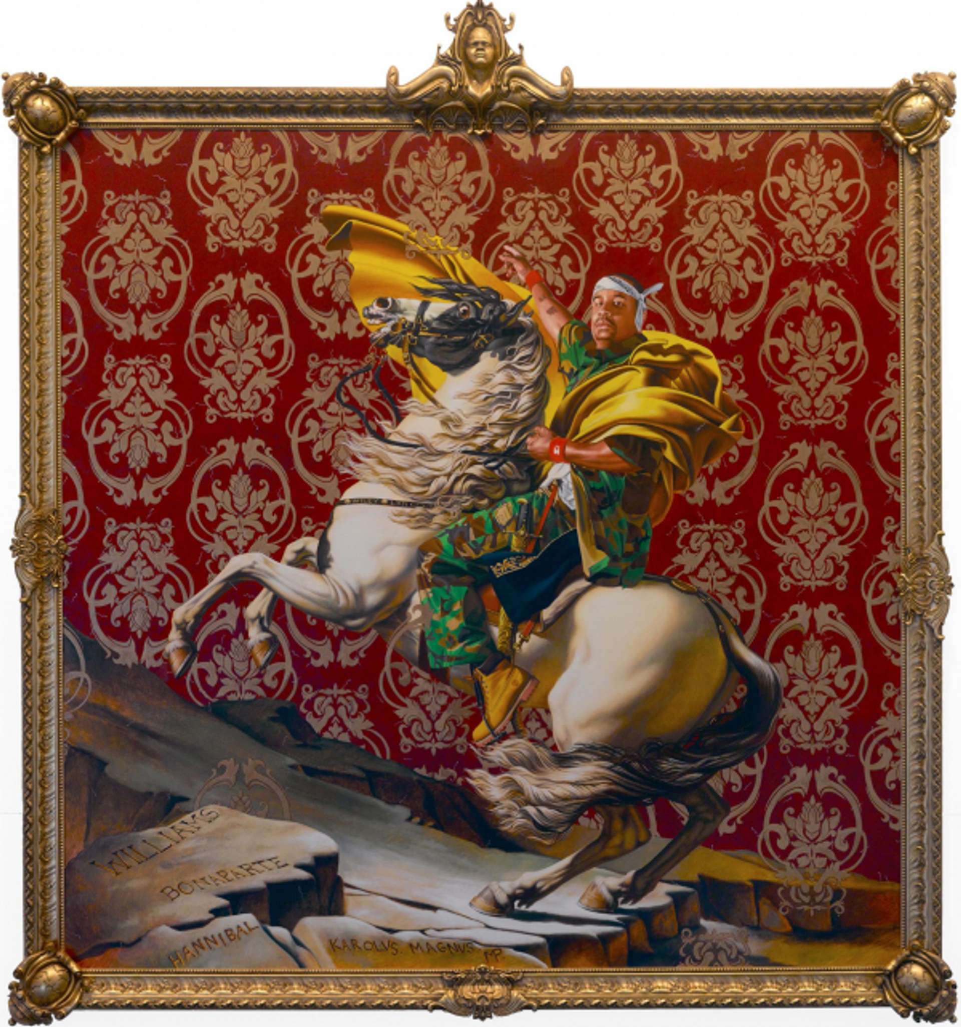 Kehinde Wiley’s Napoleon Leading The Army Over The Alps. A man riding a horse pointing forward against a red, decorative background
