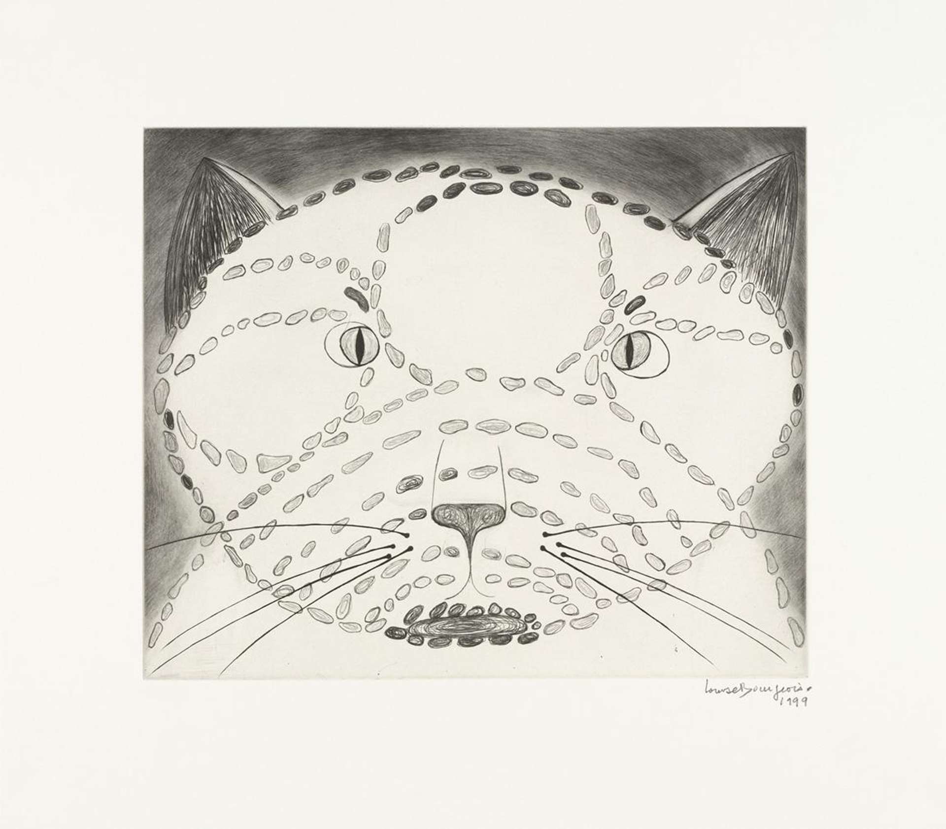 Louise Bourgeois’ The Angry Cat. A drypoint print of a cat’s face, upclose.