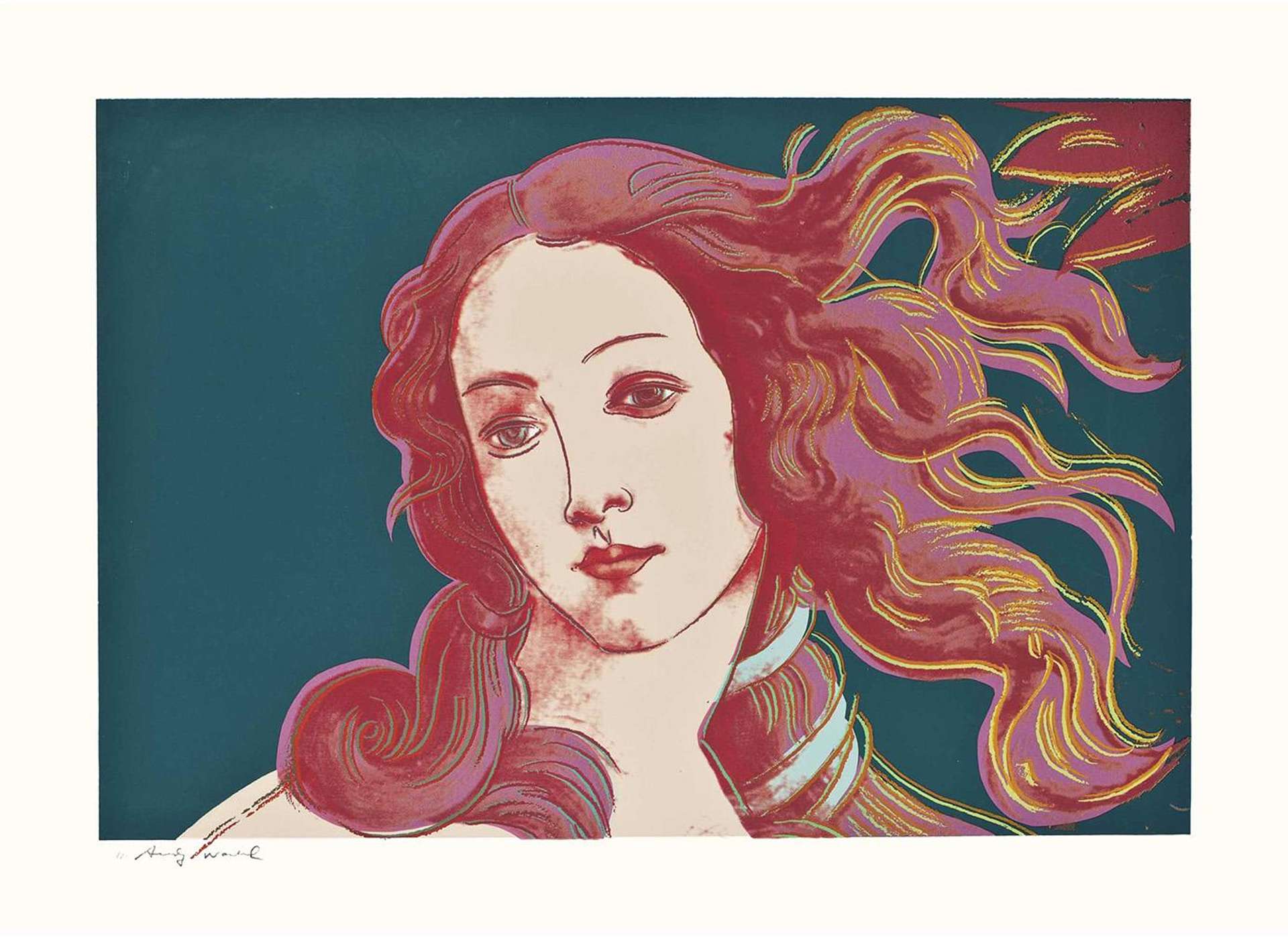 Andy Warhol’s Details Of Renaissance Paintings (Sandro Botticelli, Birth Of Venus, 1482) (F. & S. II.316), a Pop Art style close-up image of a woman with her red-coloured hair flowing in the wind against a teal background