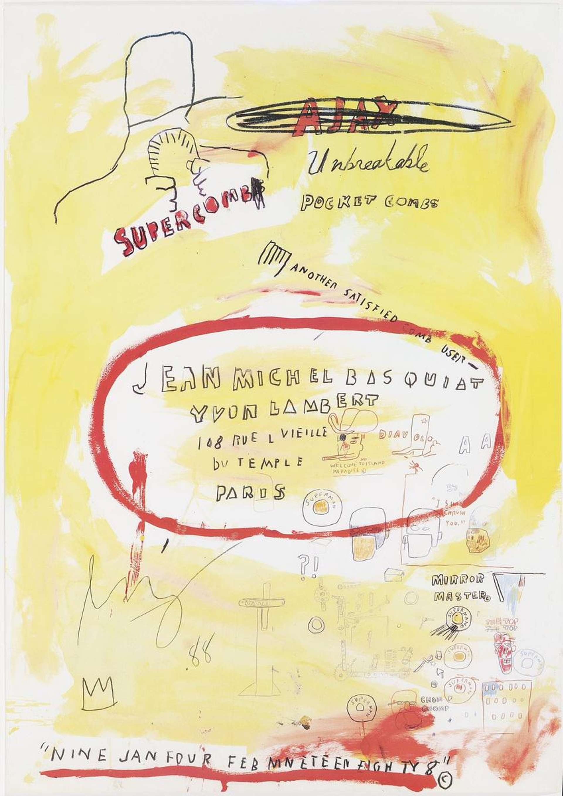 The outline of a man is depicted holding a ‘supercomb’, which is described as an ‘unbreakable pocket comb’. The chaotic layering of text, paint and sketches in the piece, however, contrast strongly against the tightly controlled visual presentation which defines the advertising press. The work is done against a light yellow background.