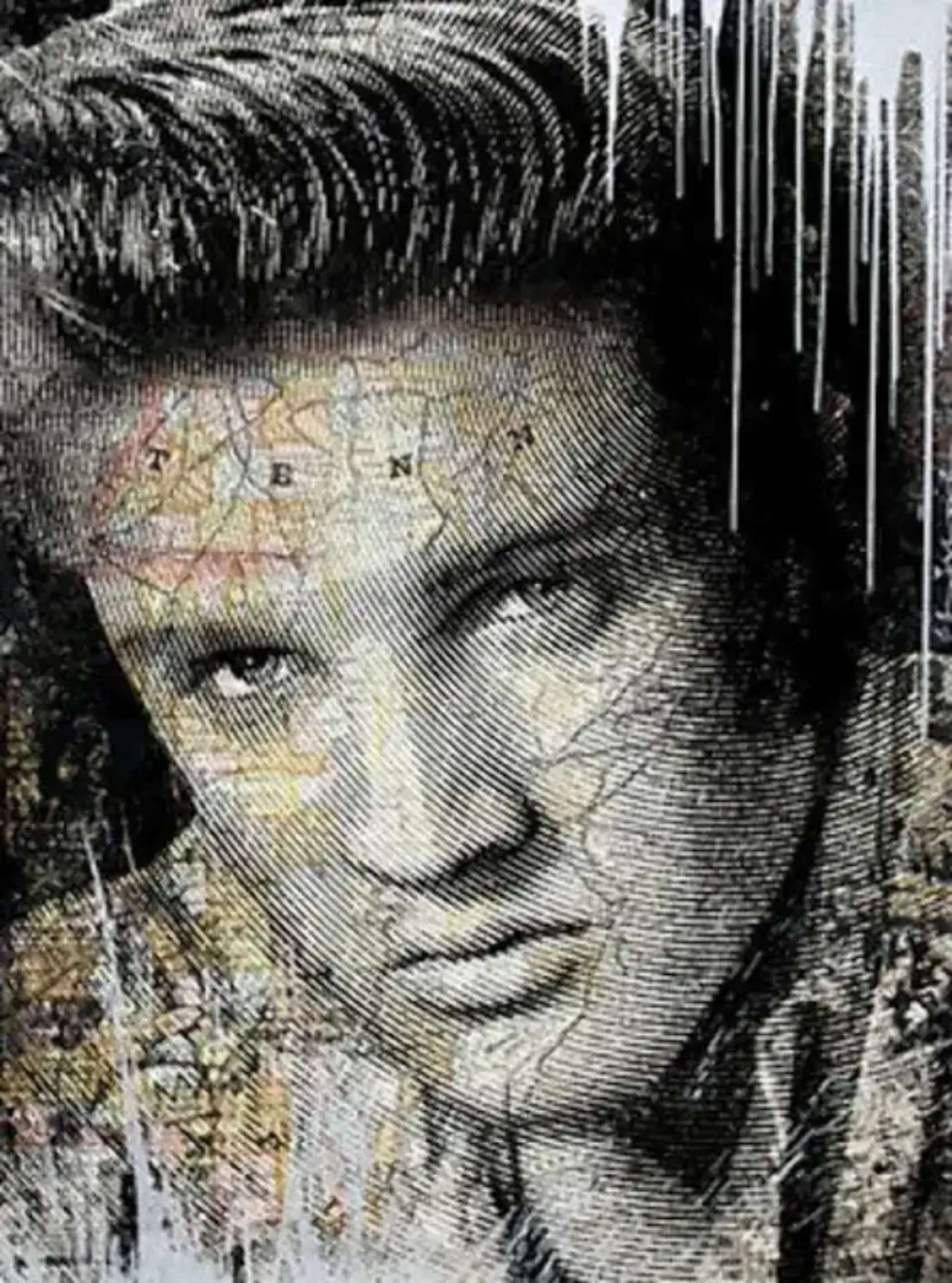 A coloured screenprint portrait of rock legend Elvis Presley, featuring a thumb imprint as the main image with faint markings resembling a colourful map over his forehead. Grey paint drips from the top right-hand corner of the artwork and splatters upwards from the bottom left-hand corner."