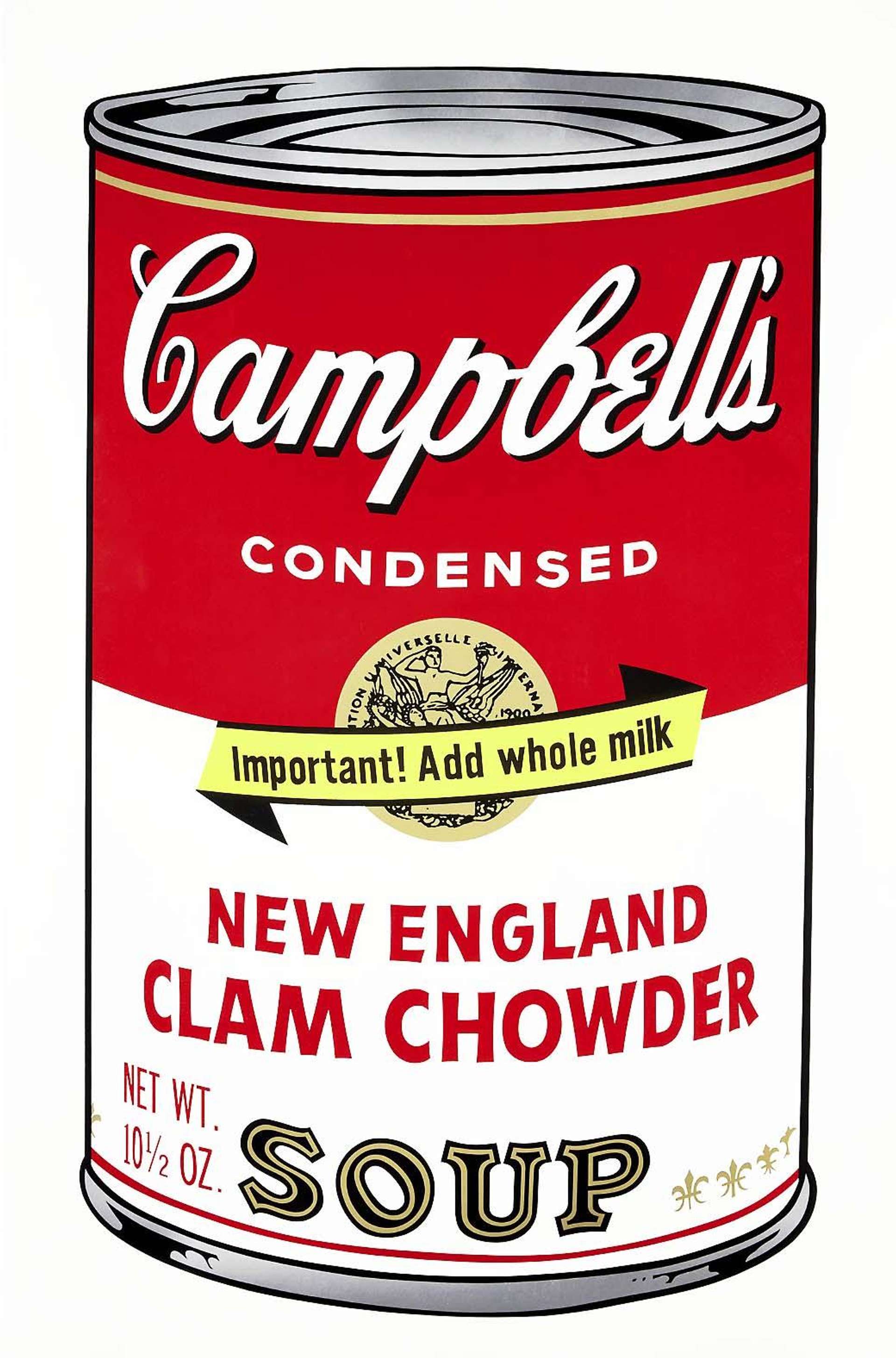 A can of Campbell’s clam chowder soup in the style of Pop Art