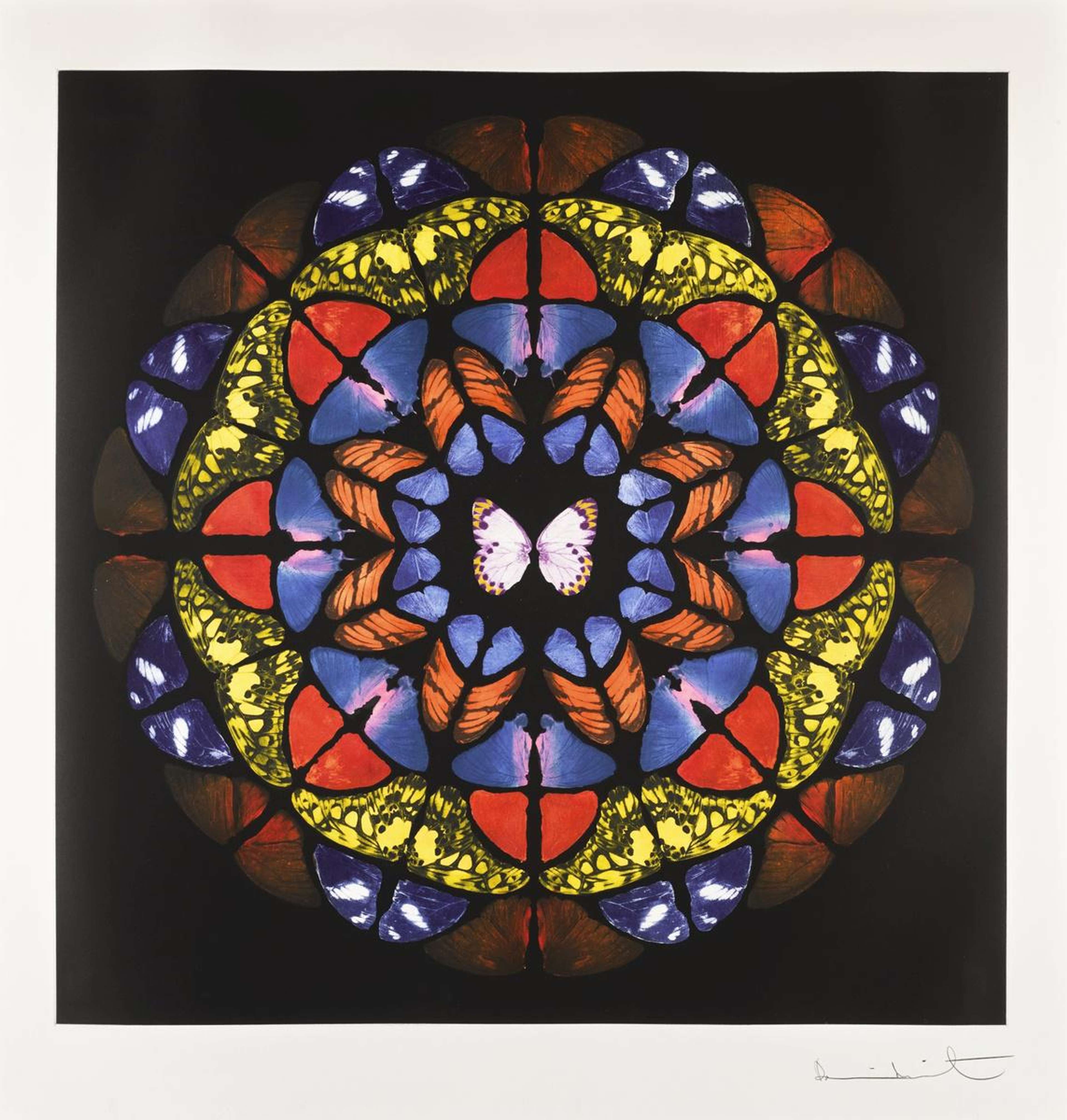 This print by Damien Hirst combines the splendour of a rose window with the symmetry of a kaleidoscope, rendered in red, blue, yellow, orange and black. 