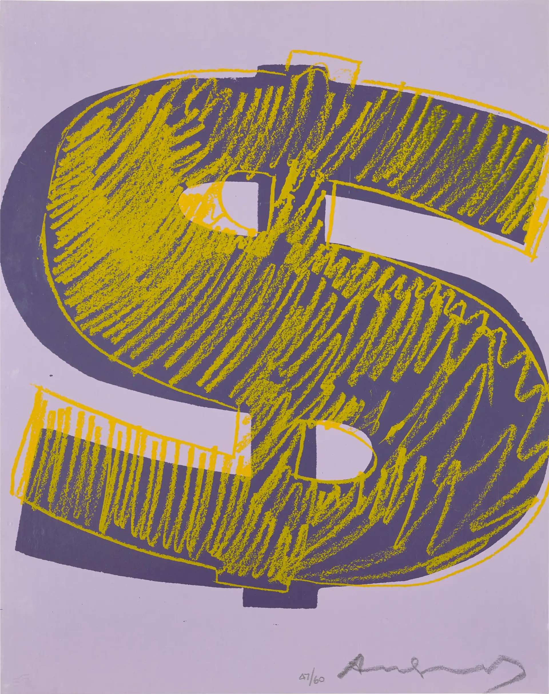 A screen printed dollar sign in dark purple overlayed with yellow against a lilac background.
