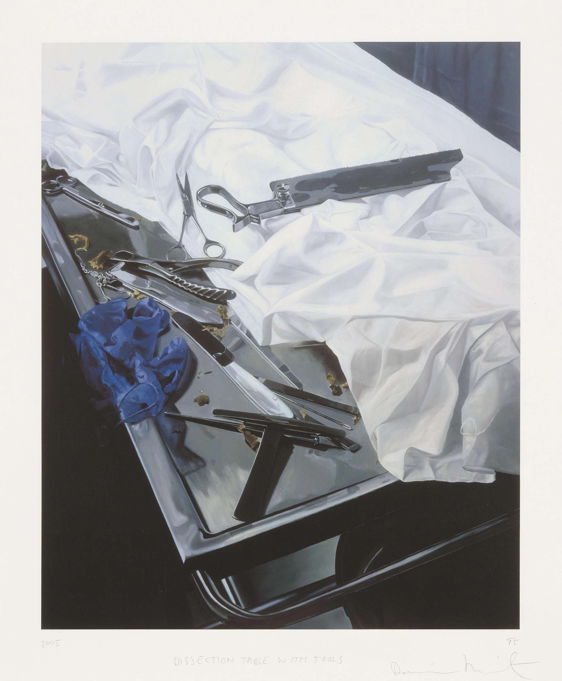 A realistic painting by Damien Hirst showing a dissection table covered in tools and a white sheet.