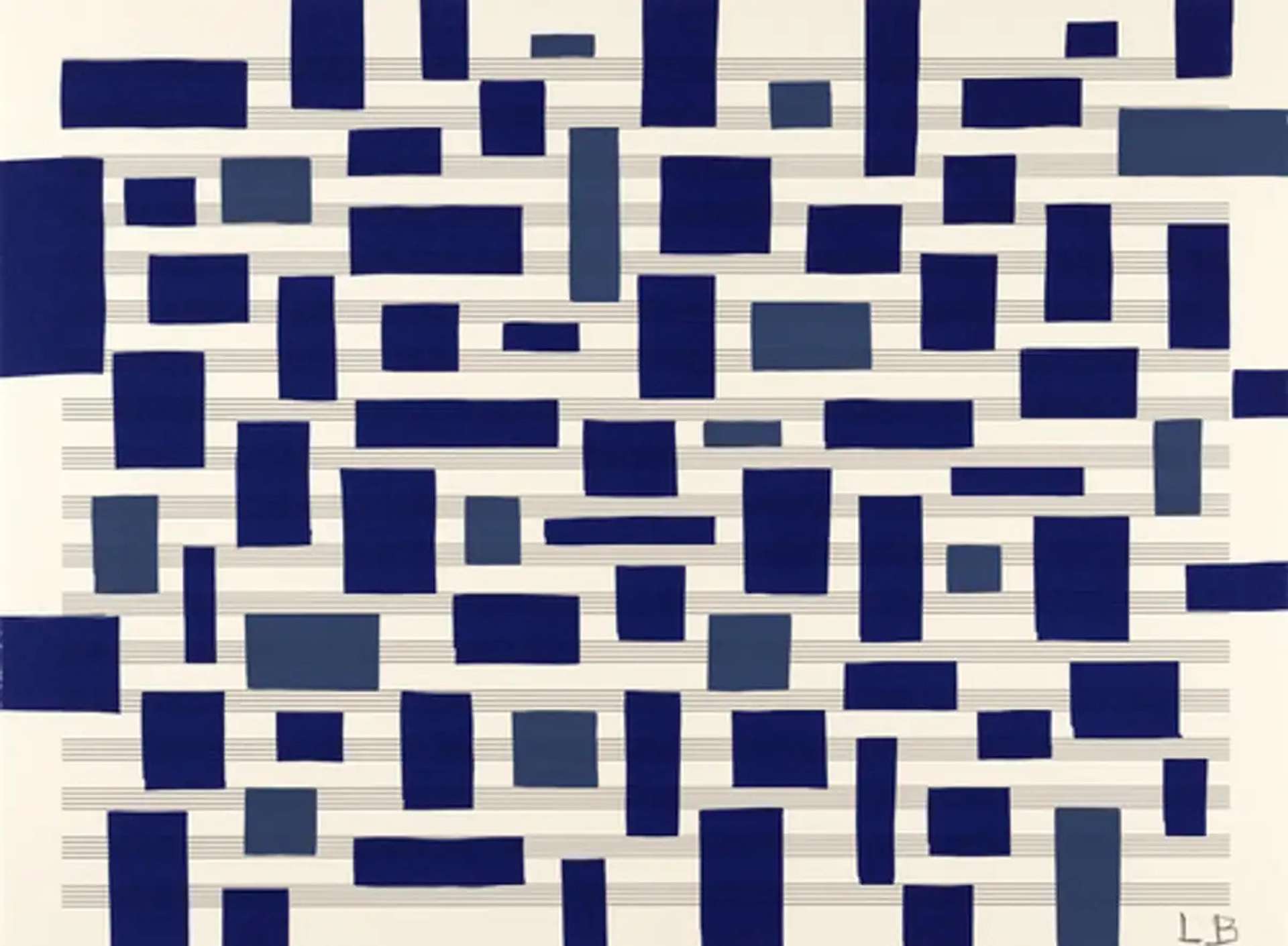 Louise Bourgeois’ Untitled #16. A screenprint of blue rectangles in a pattern against a sheet of horizontal lines.