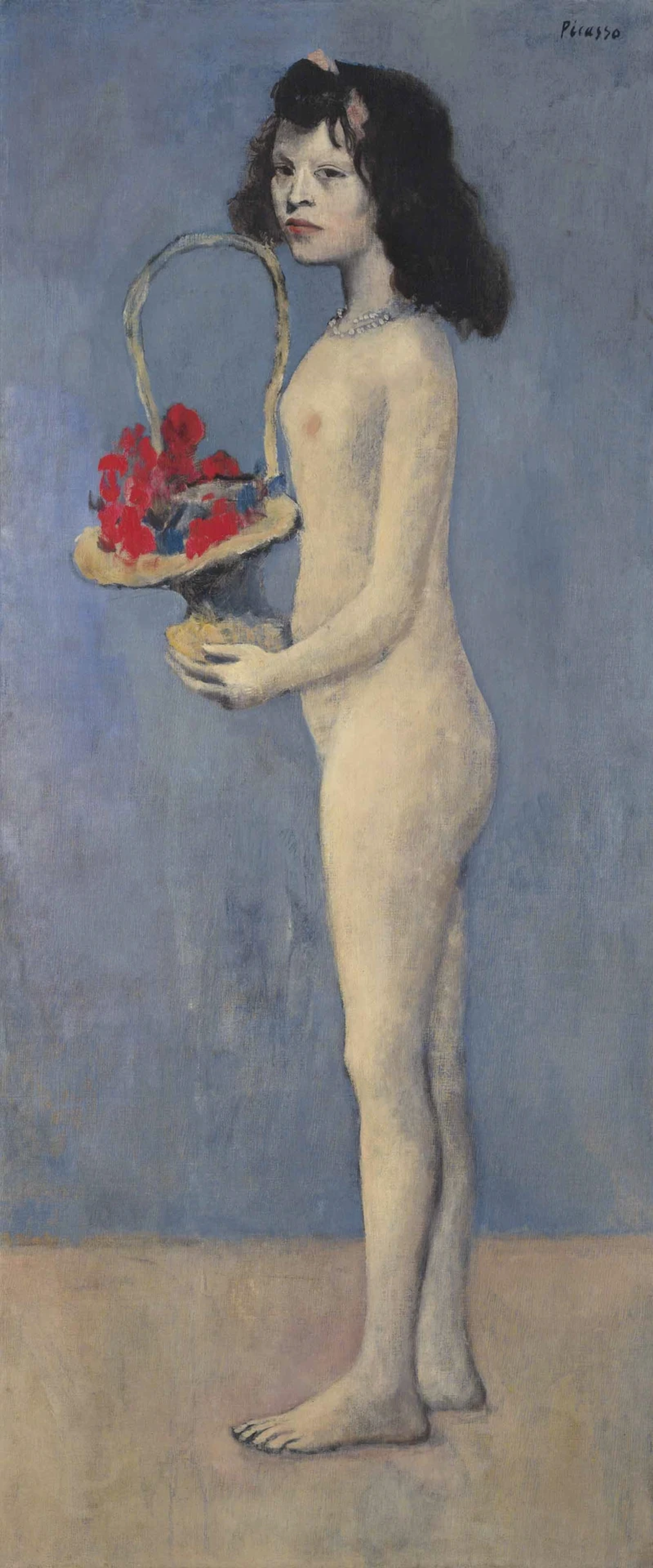Painting by Pablo Picasso of a nude girl, with dark hair, holding red flowers against a powder blue background.