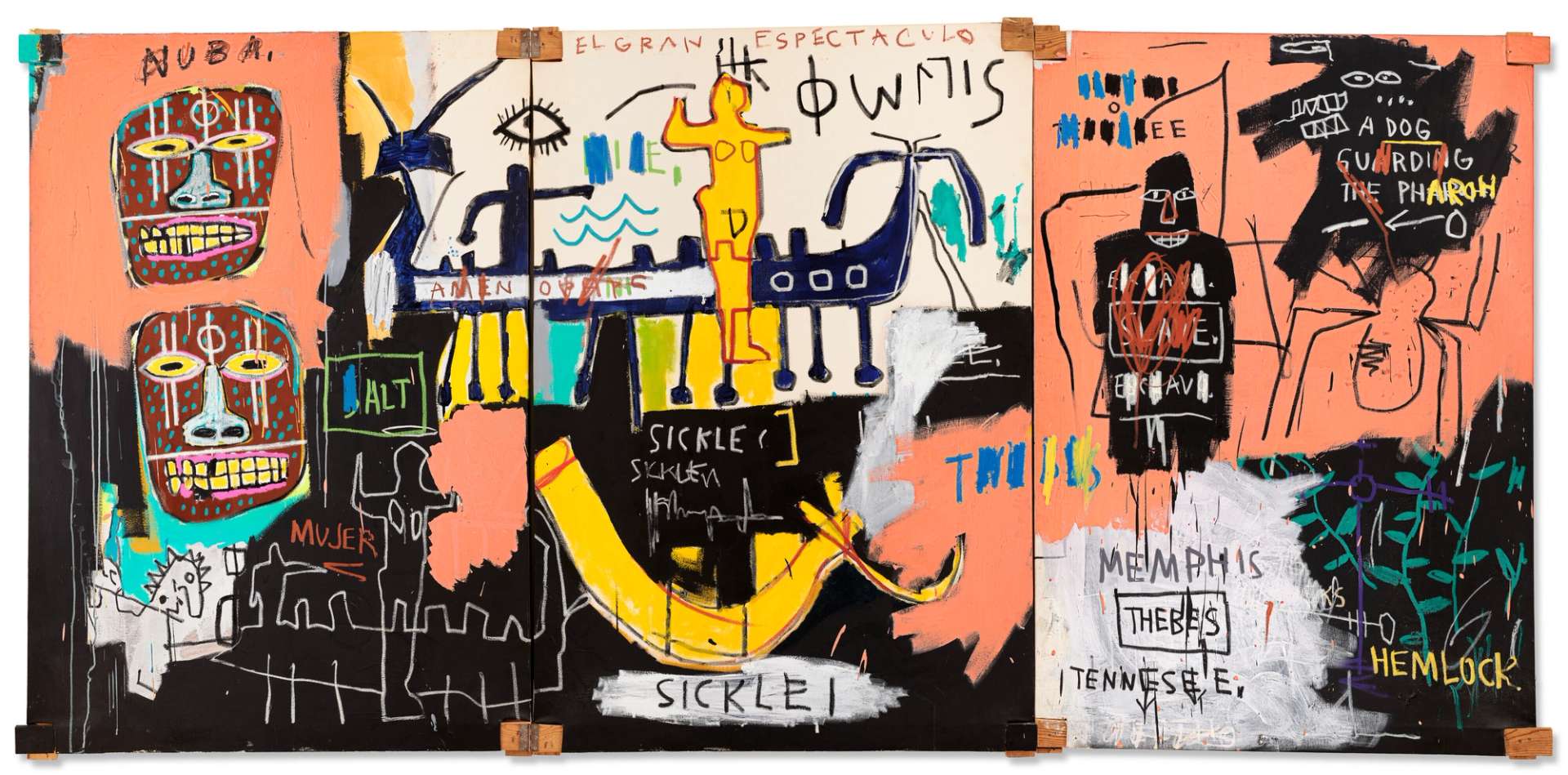 A landscape painting by Jean-Michel Basquiat featuring African masks, sketches of figures, insects, and plants with text written about the composition.