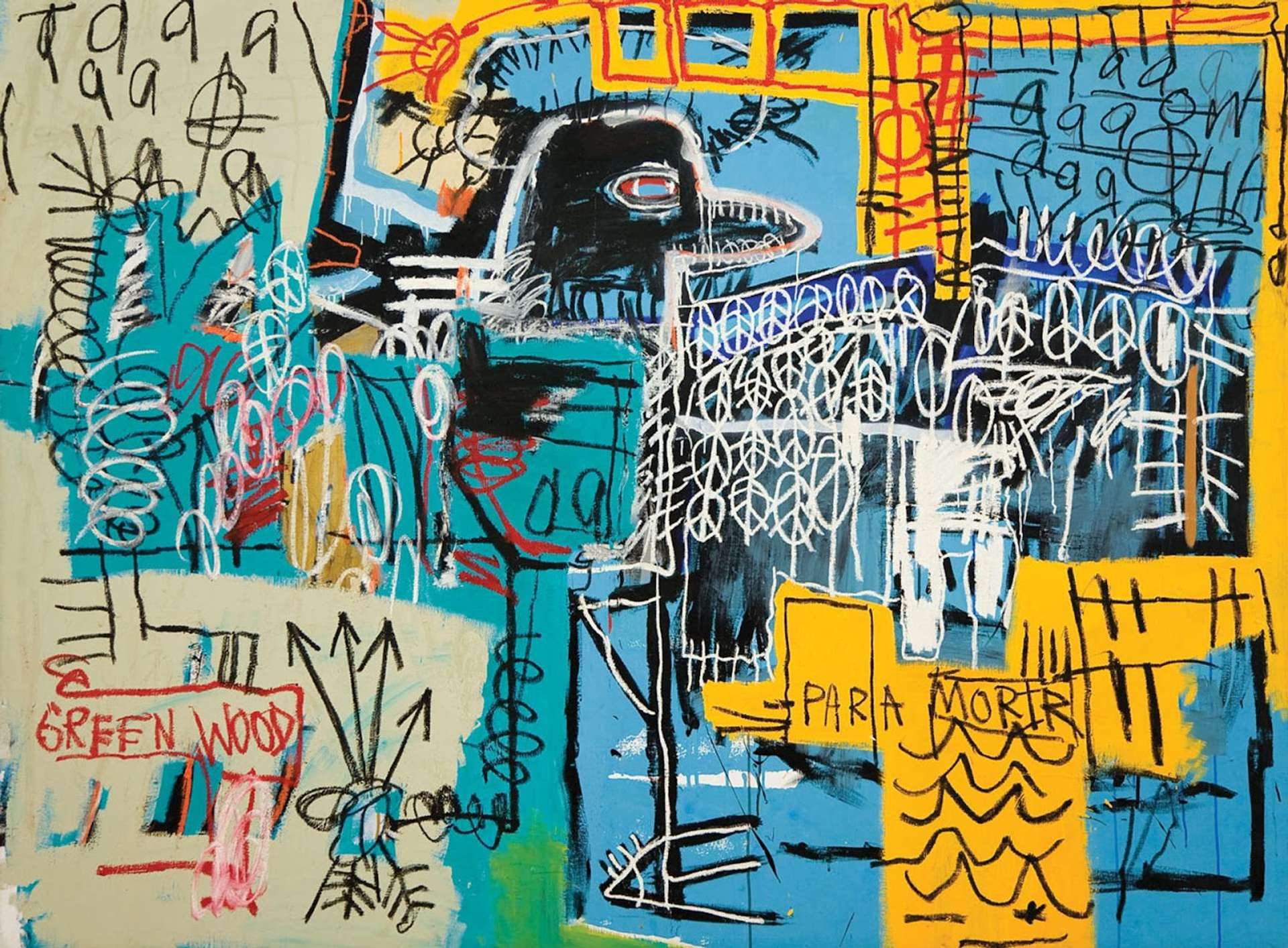 Jean-Michel Basquiat’s Bird On The Money. A Neo-Expressionist painting of a bird surrounded by graffiti style sketches and characters.